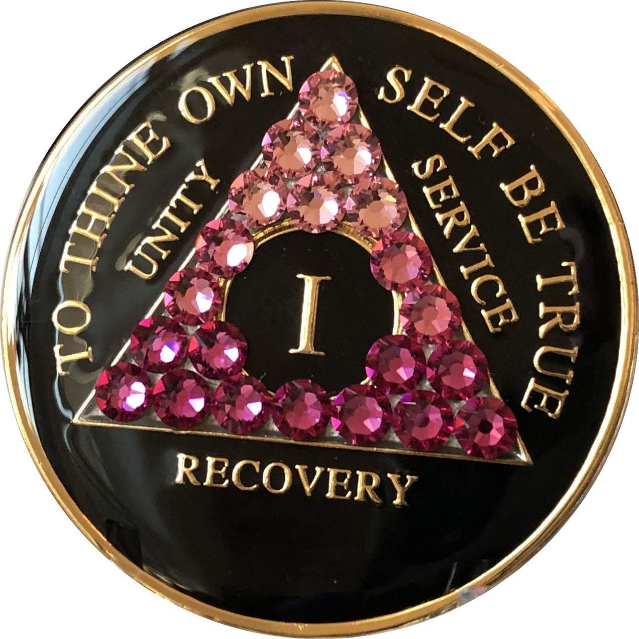 1 Year AA Medallion Black Tri-Plate Pink Transition Color Crystal Chip