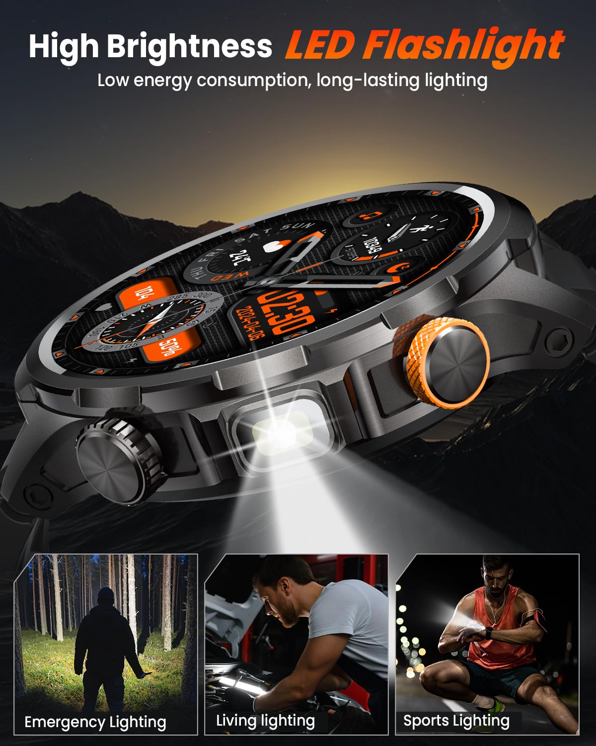 NAIXUES Smartwatch Uomo Militare con 1000mAh/Torcia LED/5ATM, 1,91" AMOLED Smartwatch Fitness con Chiamate/110+ Modalità Sportive/Cardiofrequenzimetro/SpO2/Sonno/Notifiche Messaggi Android iOS Nero