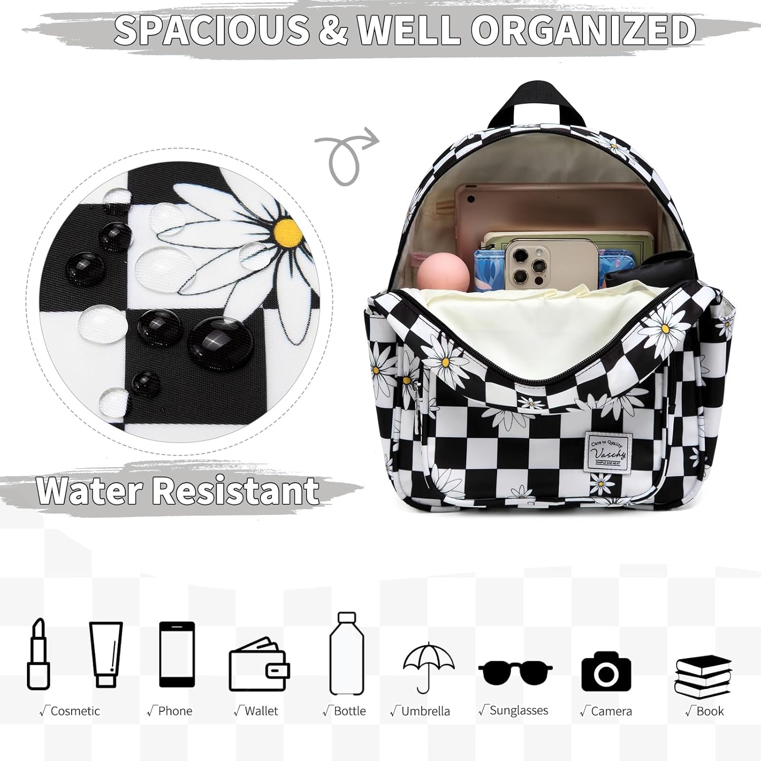 VASCHY Small Backpack for Women, Cute Mini Lightweight Nylon Travel Backpack Purse for Teen Girls Plaid Daisy - Image 5