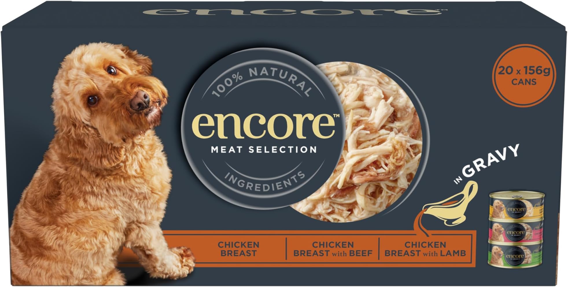 Encore 100% Natural Wet Dog Food, Multipack Meat Selection in Gravy 156 g Tin, Pack of 20