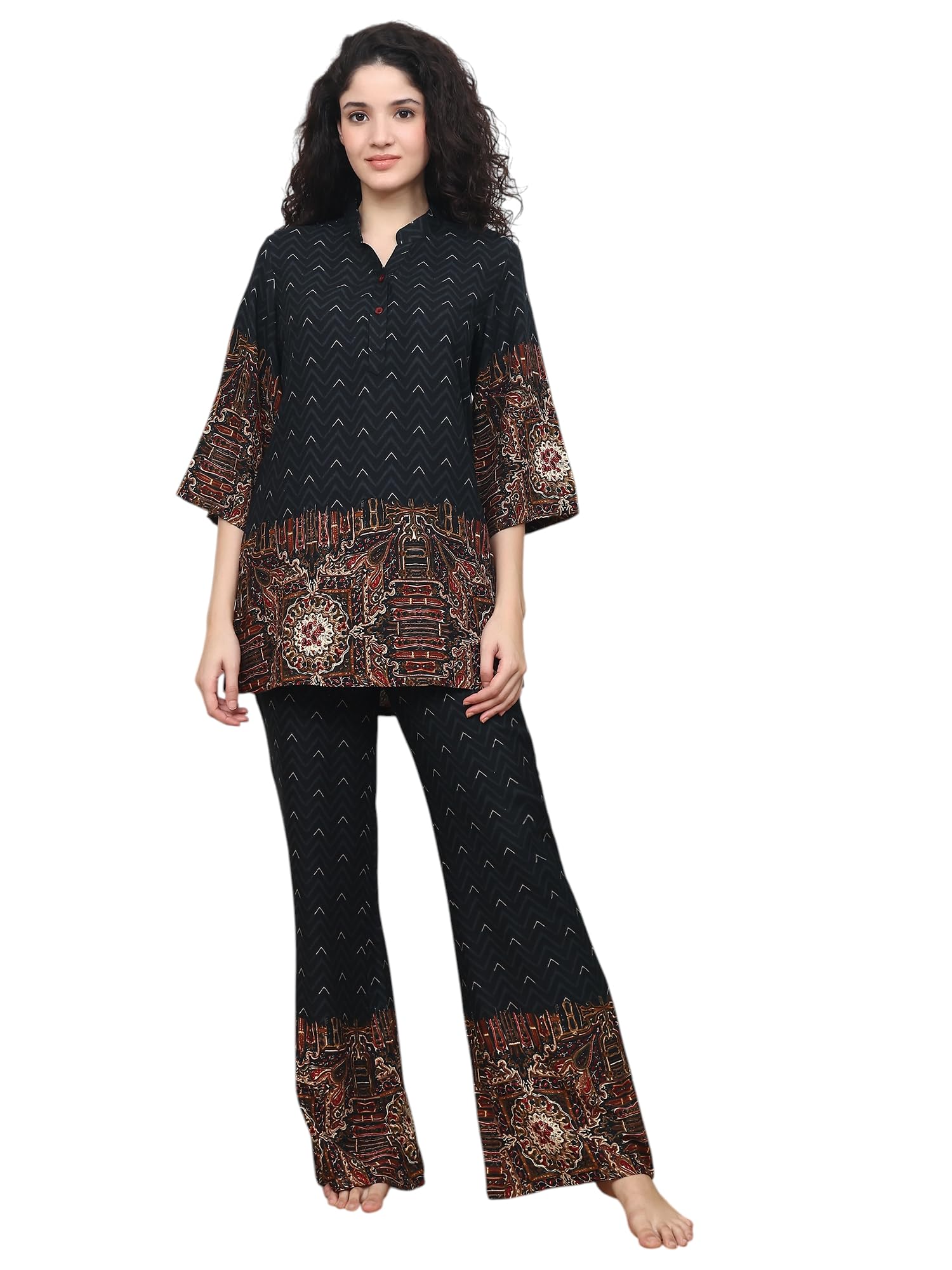 claura Women's Chevron Print Cotton Night Suit, Black and Brown Floral Pattern, Long Sleeve Top with Palazzo Pants, Comfortable Sleepwear Set-picture-51