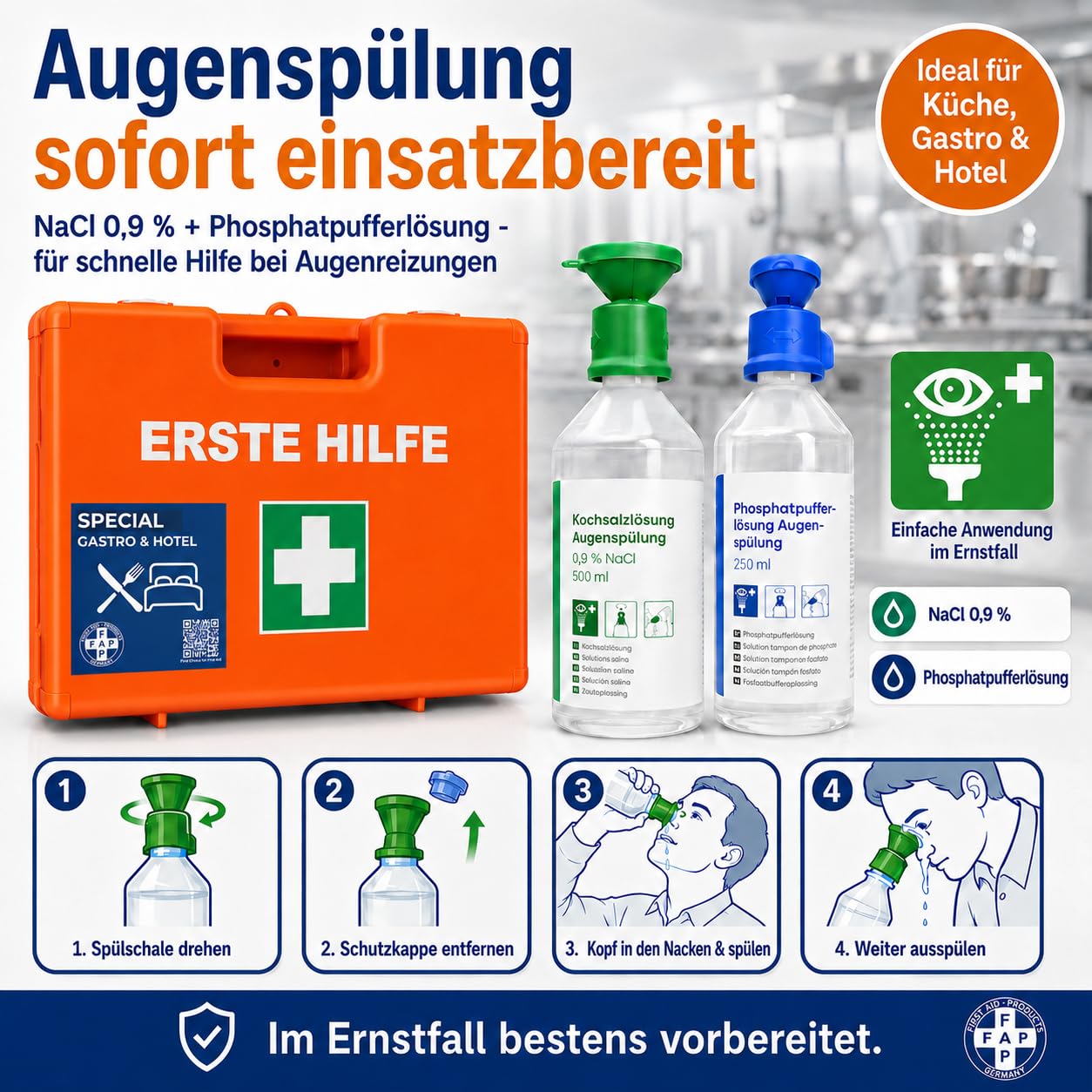 FAP Erste-Hilfe-Koffer Gastronomie Hotel DIN 13157 gefüllt - Orange| Detect-Pflaster HACCP & Burngel | Gastro Küche Restaurant ABS Kunststoff, Betriebsverbandkasten Wandhalterung - 33×42×15 cm