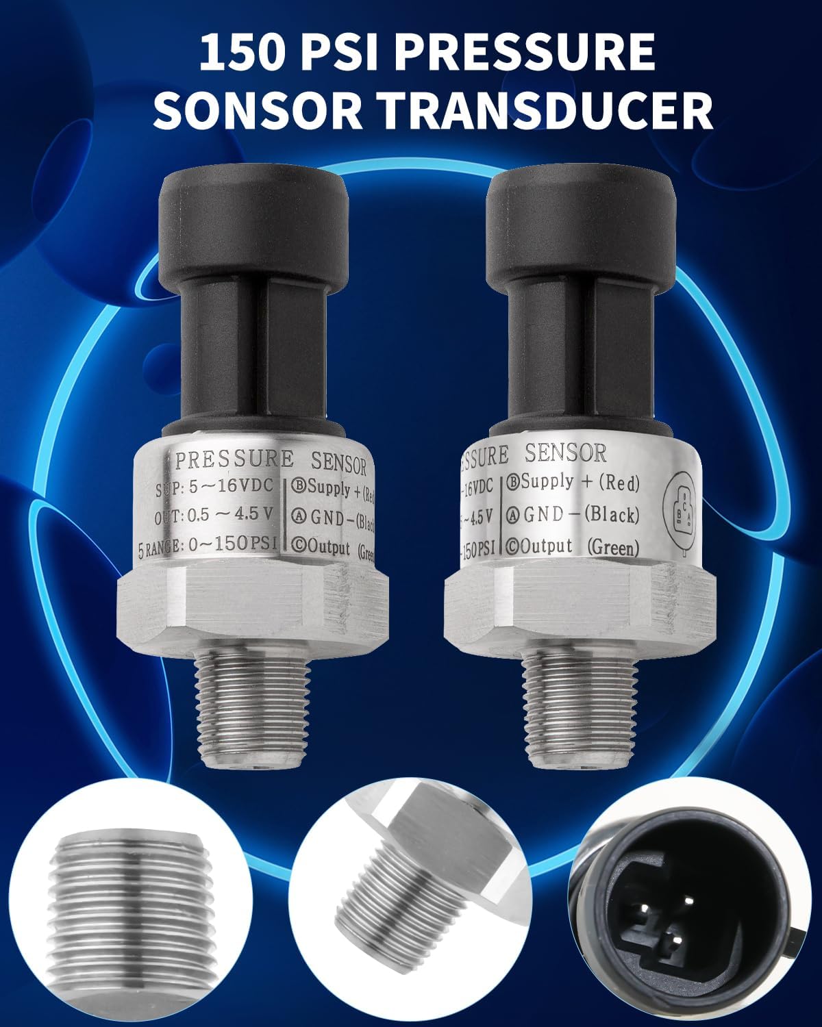 Two Ronybuy 150 Psi Pressure Transducer Sensors with specifications