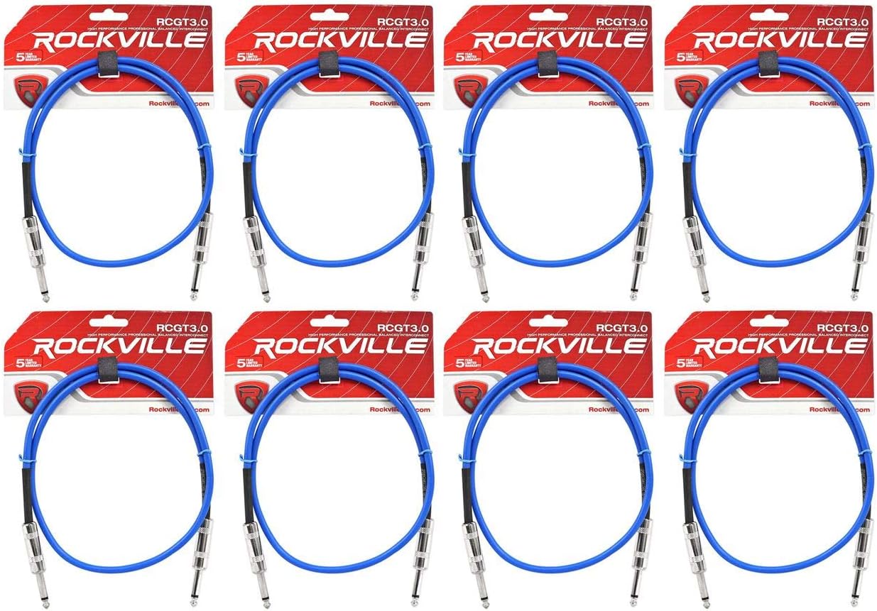 Rockville (8) RCGT3BL 3フィート 1/4インチ TSから1/4インチ TS計器ケーブル-ブルー 100%銅