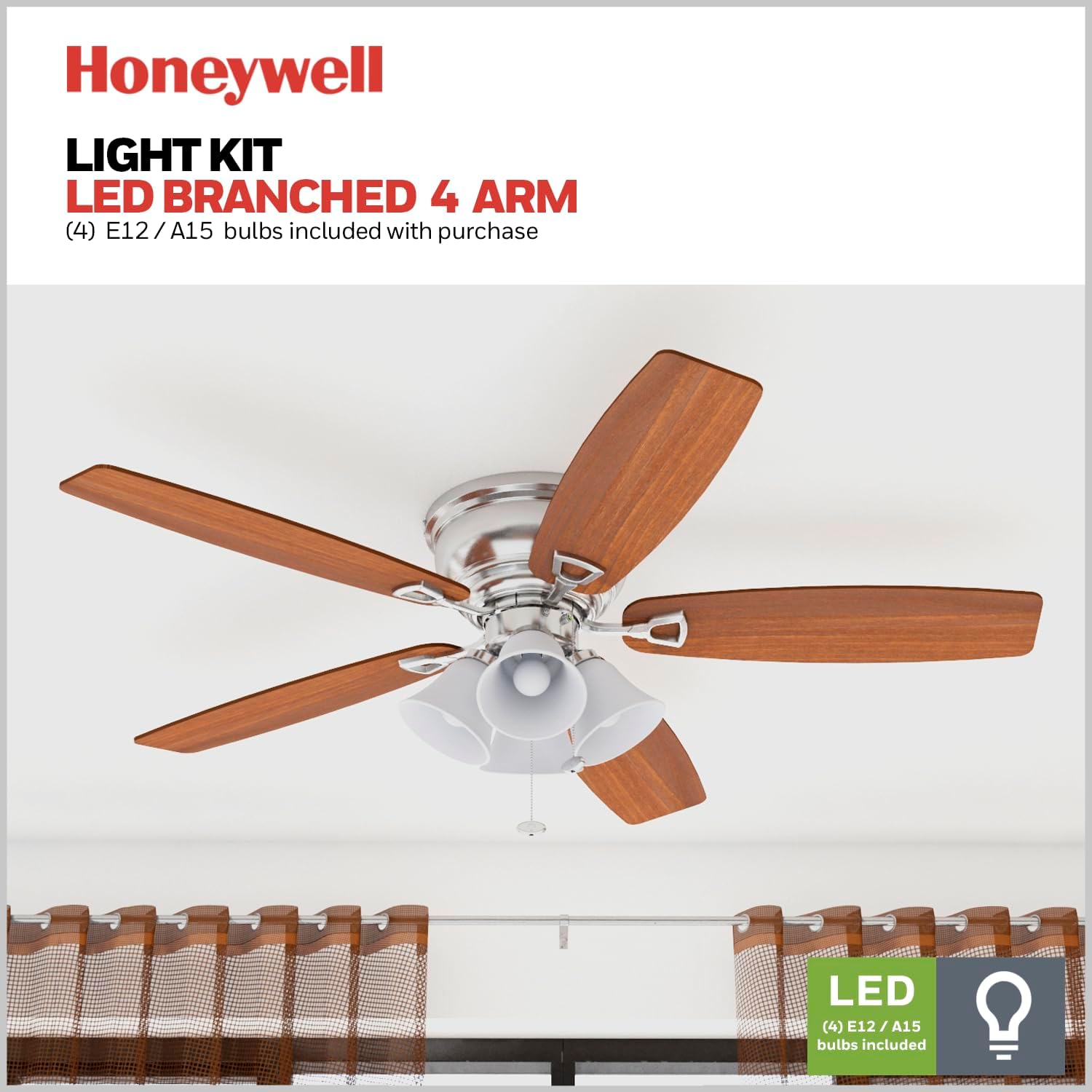 Brushed Nickel 52-Inch Flush Mount Ceiling Fan with Wood Blades