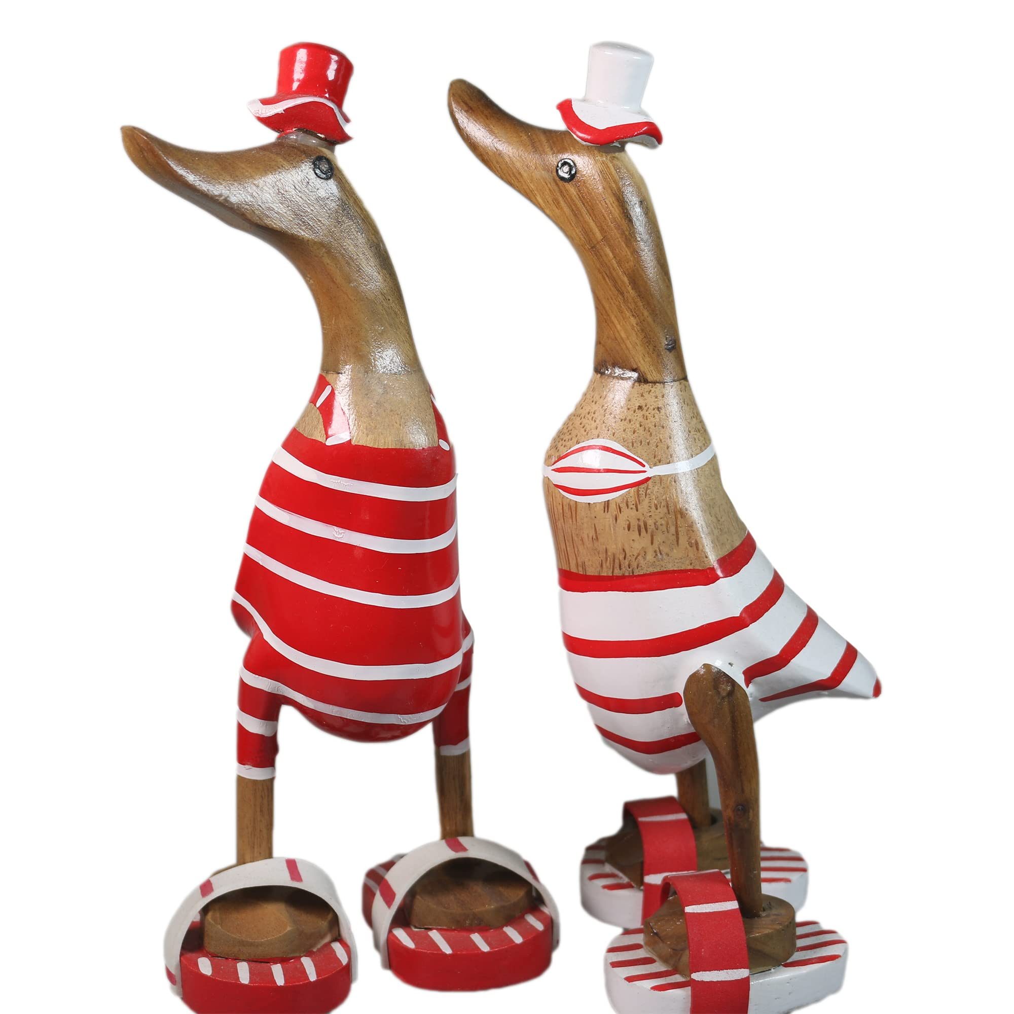 ART-CRAFT Lot de 2 figurines de canard en bois - Décoration de jardin - Racine de bambou et teck - Rouge - Bikini - 25 cm de haut - Peint à la main