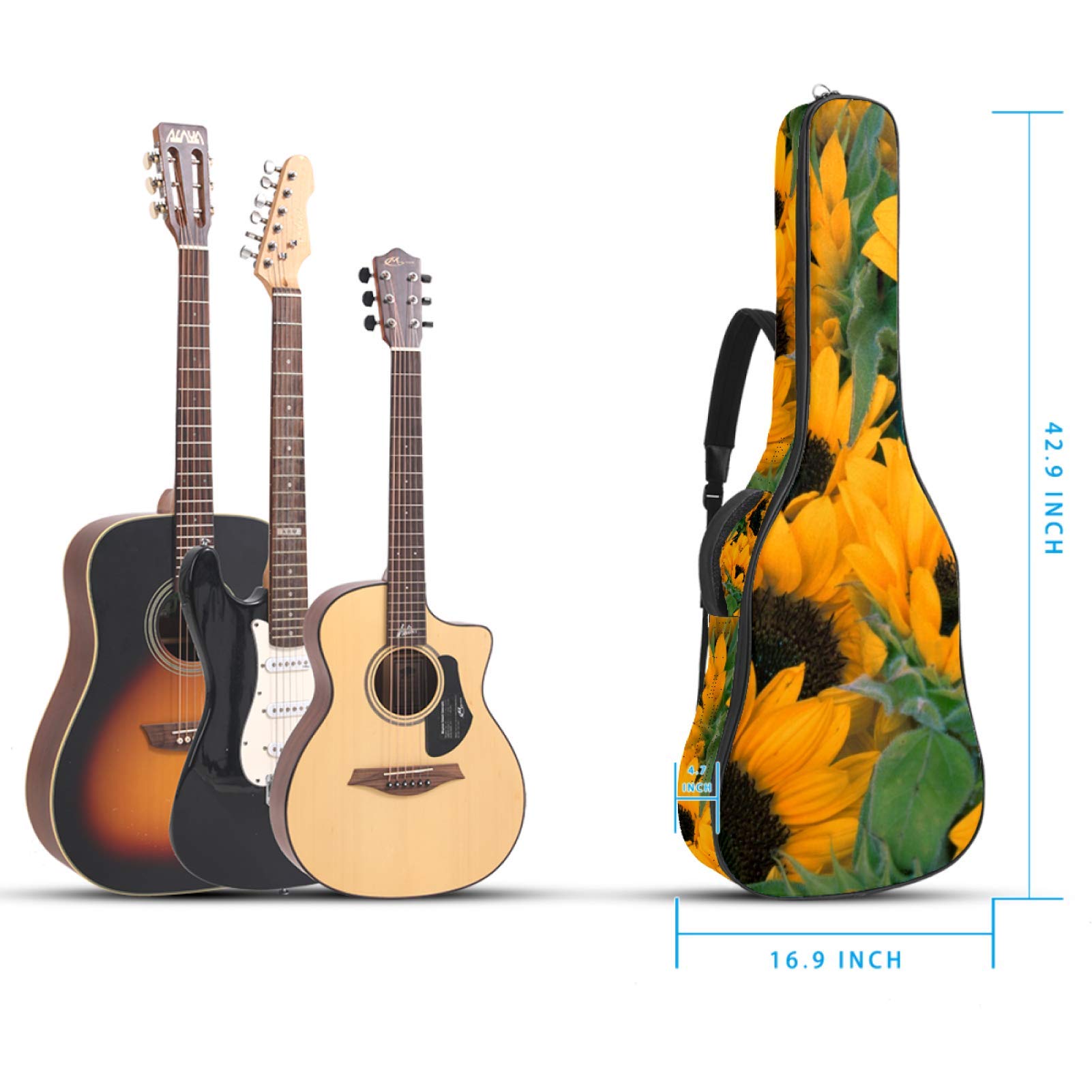 Gitarren-Gigbag, wasserdicht, Reißverschluss, weicher Gitarren-Rucksack, Bassgitarre, Akustik- und klassische Folk-Gitarren-Tasche, Pflanzen-Sonnenblumen-Blumenmuster
