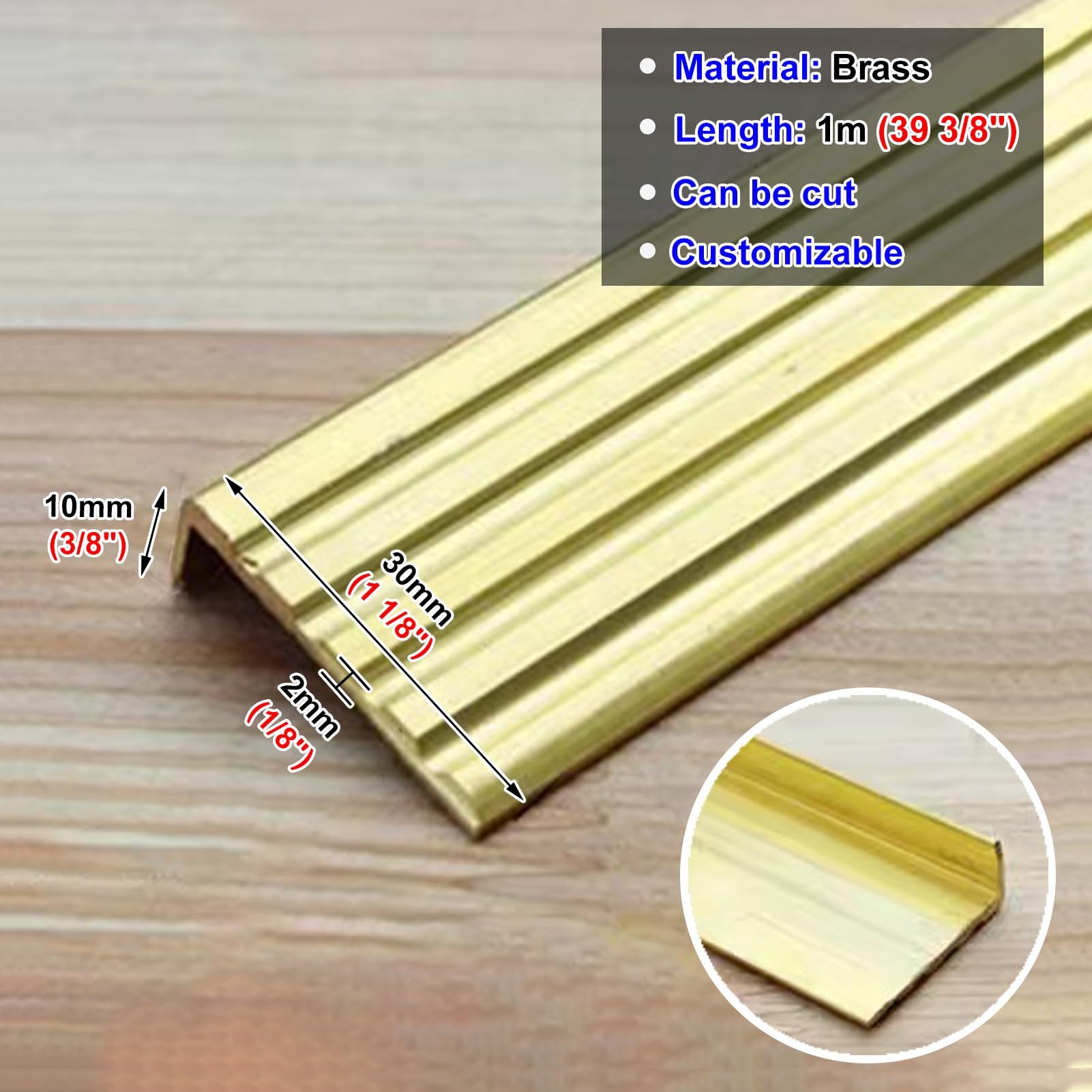 Bordo antiscivolo in ottone, 1 pezzo, protezione durevole per soglia angolare in legno e piastrelle (30 x 10 mm), maggiore sicurezza e design elegante