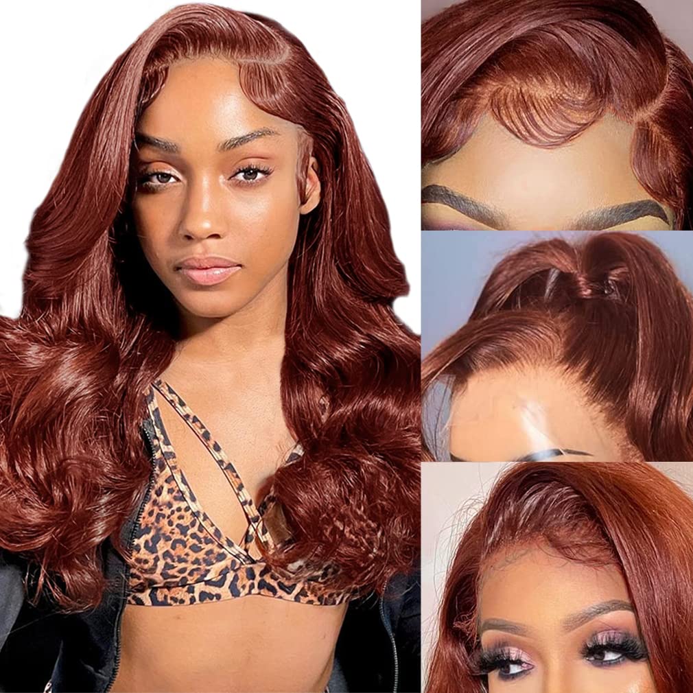 QNQZ 13x4 Reddish Brown Body Wave Lace Front Wigs Human Hair Pre plucked with Baby Hair Dark Auburn Human Hair Frontal Wig for Black Women 150% Density 20 inch (Autumn Color with Five gifts)