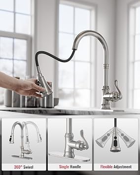 Kitchen Faucet with Pull Down Sprayer Brushed Nickel 3 Spray Modes Vintage | Single Handle Antique Brass Sink Faucet 1 or 3 Hole with Deck Plate Supply Lines for Farmhouse Camper Rv Bar by Homevacious