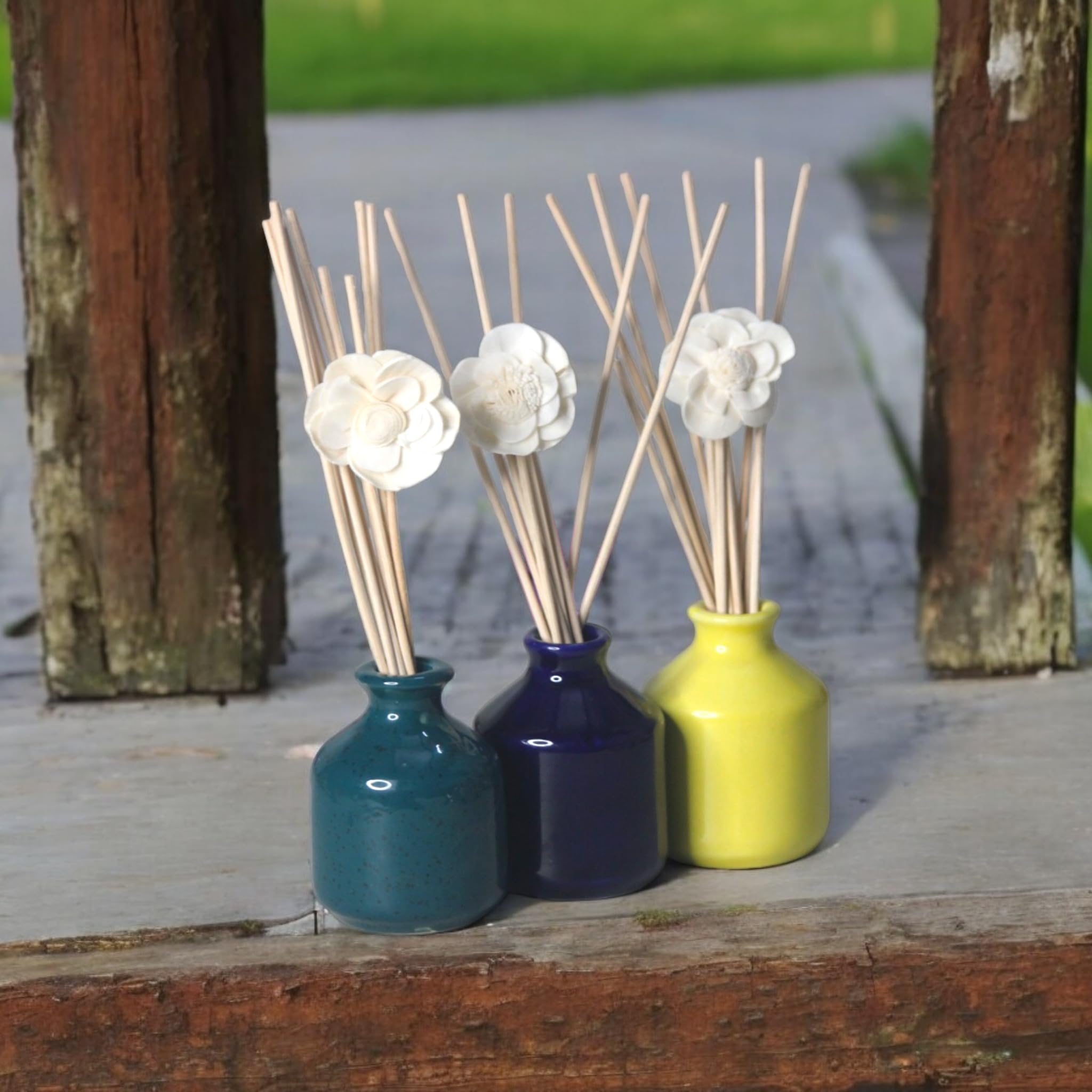 Brahmz Reed Diffuser Jar Set, 3 Ceramic Jars, 18 Reed Sticks, 3 Sola Flowers, Capacity 100ml