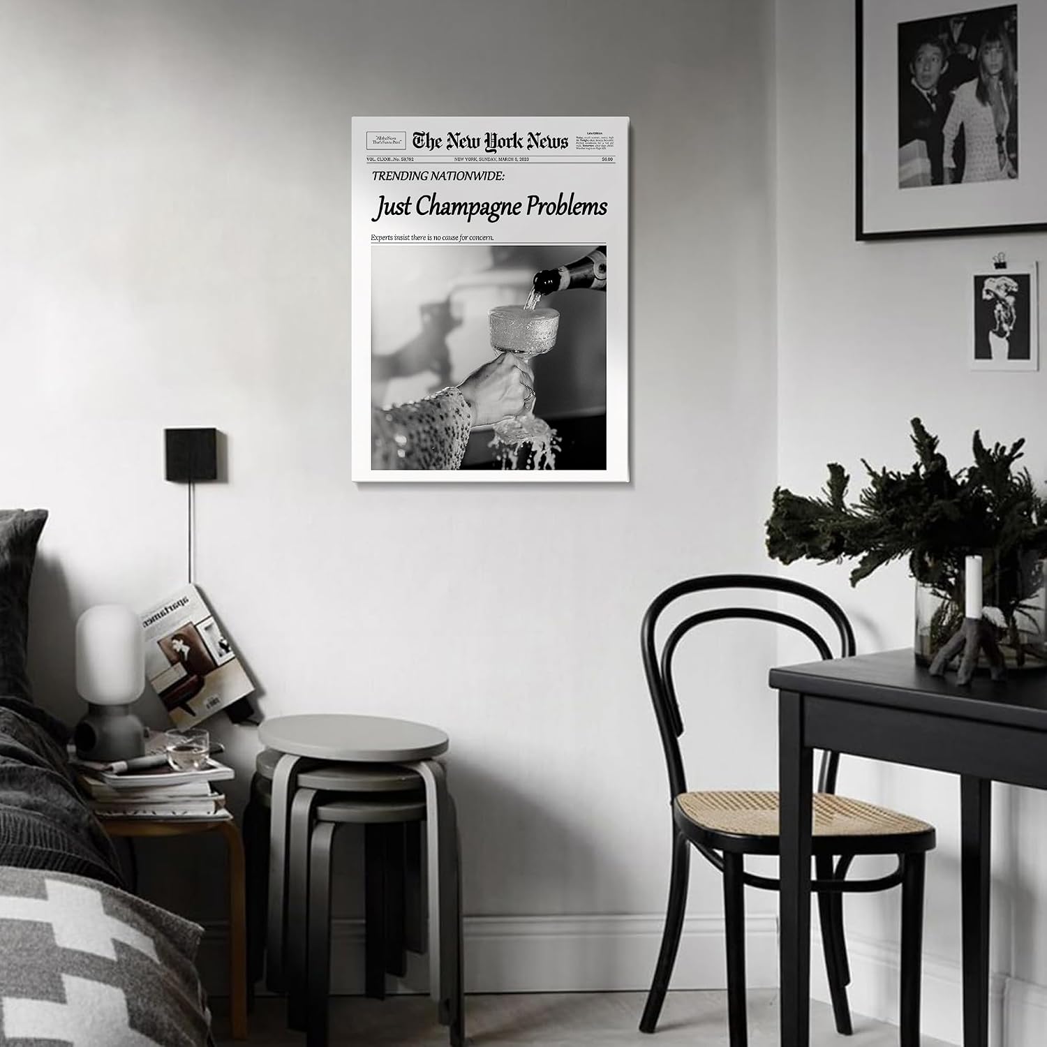 Champagne Problems Newspaper Framed Wall Art,Trendy Retro Black and White Wall Art for Bar Cart Bathroom Apartment Kitchen Dorm Dining Decor Funky Vintage Celebrate Poster for Home Wall Artwork 8x10