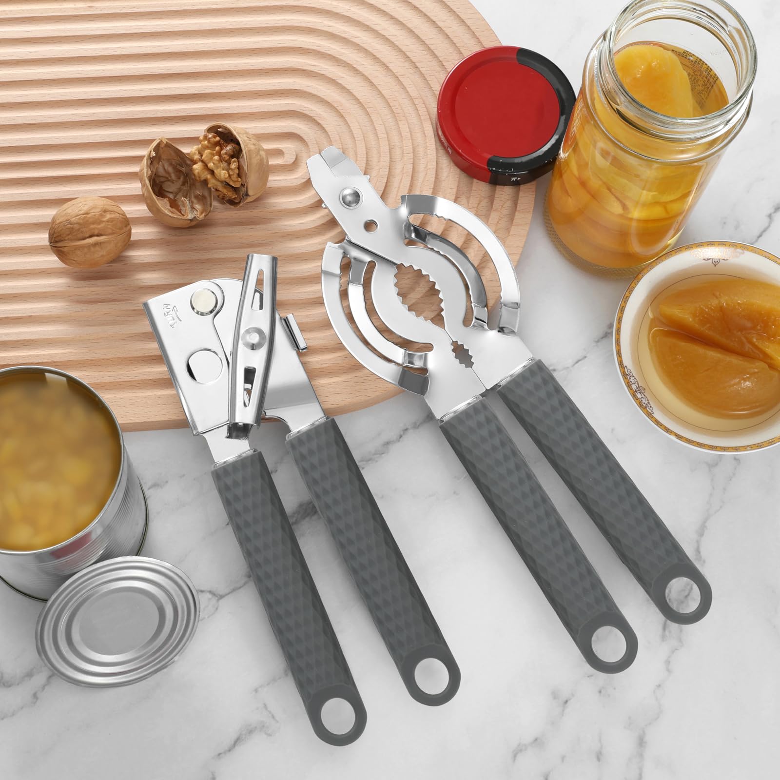 ISZW Abrelatas manual, manual de mano, corte de borde suave, abrelatas resistente, abrelatas manuales con mango suave de silicona, perilla fácil de girar, abridor de botellas multifunción (gris, 2