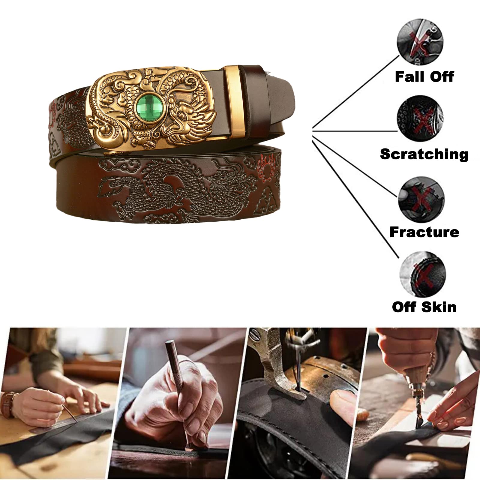Cinturón De Piel Vacuno Con Trinquete Grabado For Hombre, Hebilla Automática Deslizante Dragón Dorado, Correa Estilo Western 35 Mm