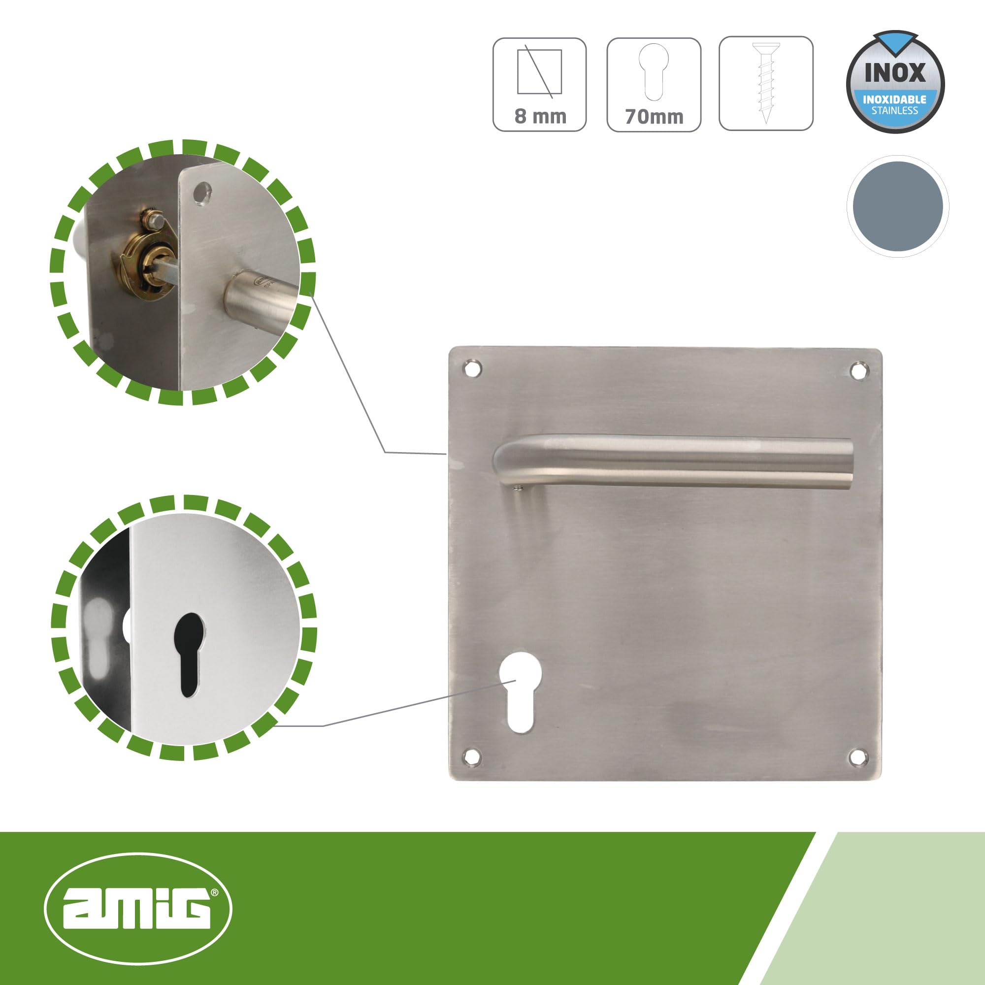 Amig - Jeu de poignées avec plaque pour porte | Poignée avec serrure à clé à 70 mm | Mod. 3CB70 | Acier inoxydable 18/8 | 180 x 180 mm | Carré de 8 mm | Argenté mat