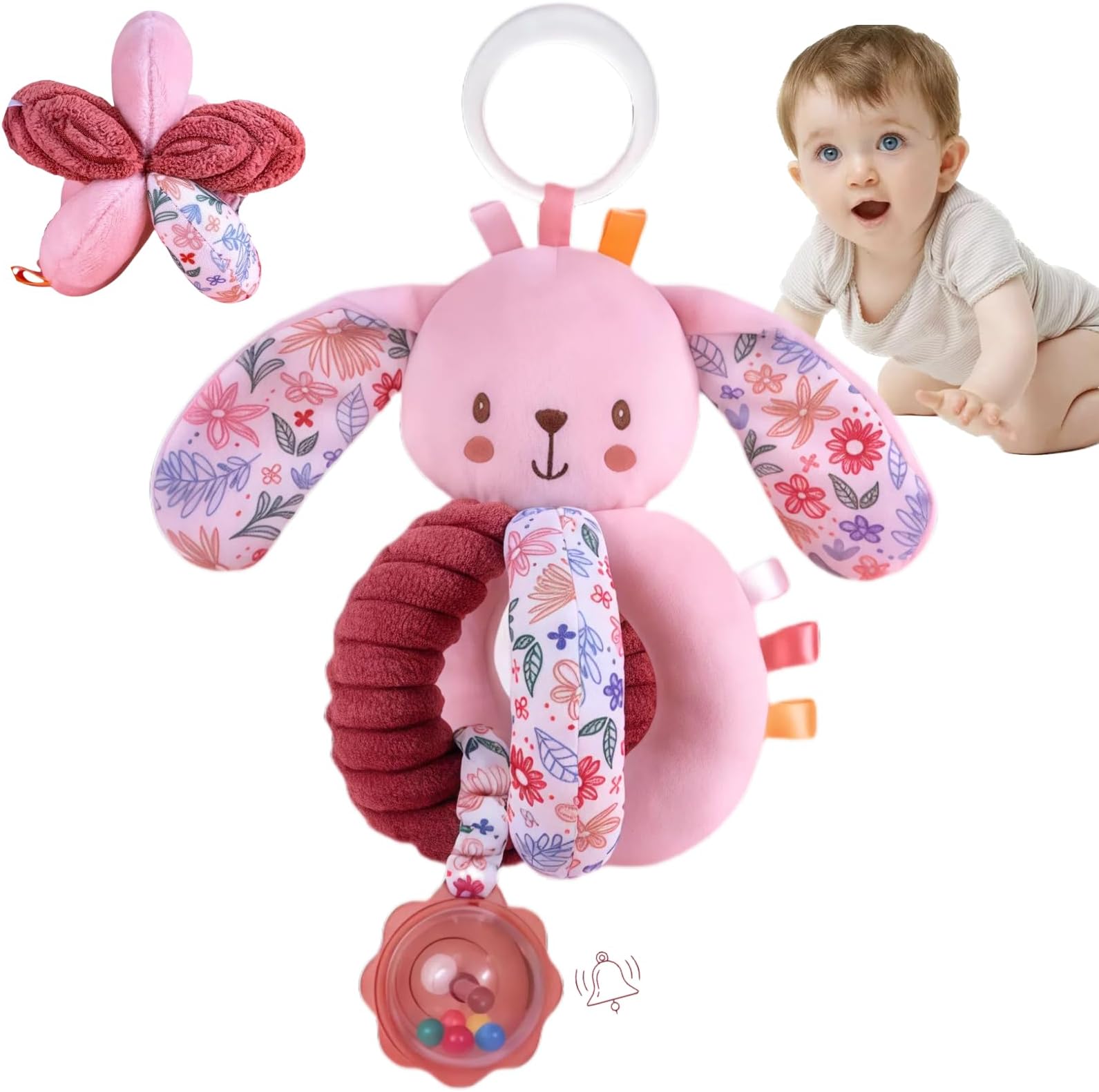 Baby Stroller Hanging Toy Car Seat Toys for Infants 0-6 Months, Baby Toys 0-3-4-5-6 Months Newborn Girl Shower Gifts, Carseat Sensory Toys for Babies Boy with Rattle, Crinkle, Squeaky Sound