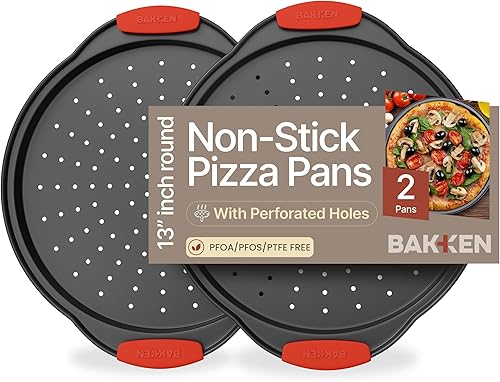 Bakken - Bandeja para pizza 2 redondas con asas de silicona Sartén para pizza de acero al carbono con agujeros y revestimiento antiadherente PFOA