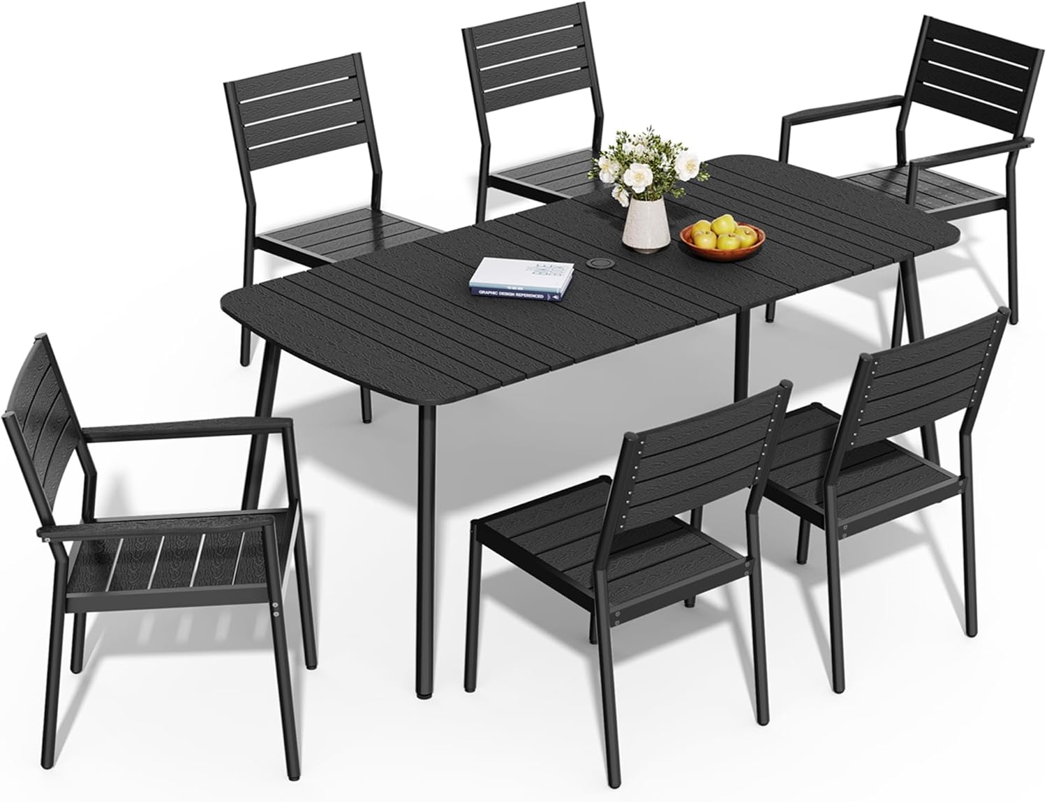 Crestlive Products Outdoor Dining Set for 6, 7-Piece Outdoor Table and Chairs Aluminum All-Weather Woodgrain 70in Patio Dining Sets with Umbrella Hole for Garden Backyard Poolside, Black