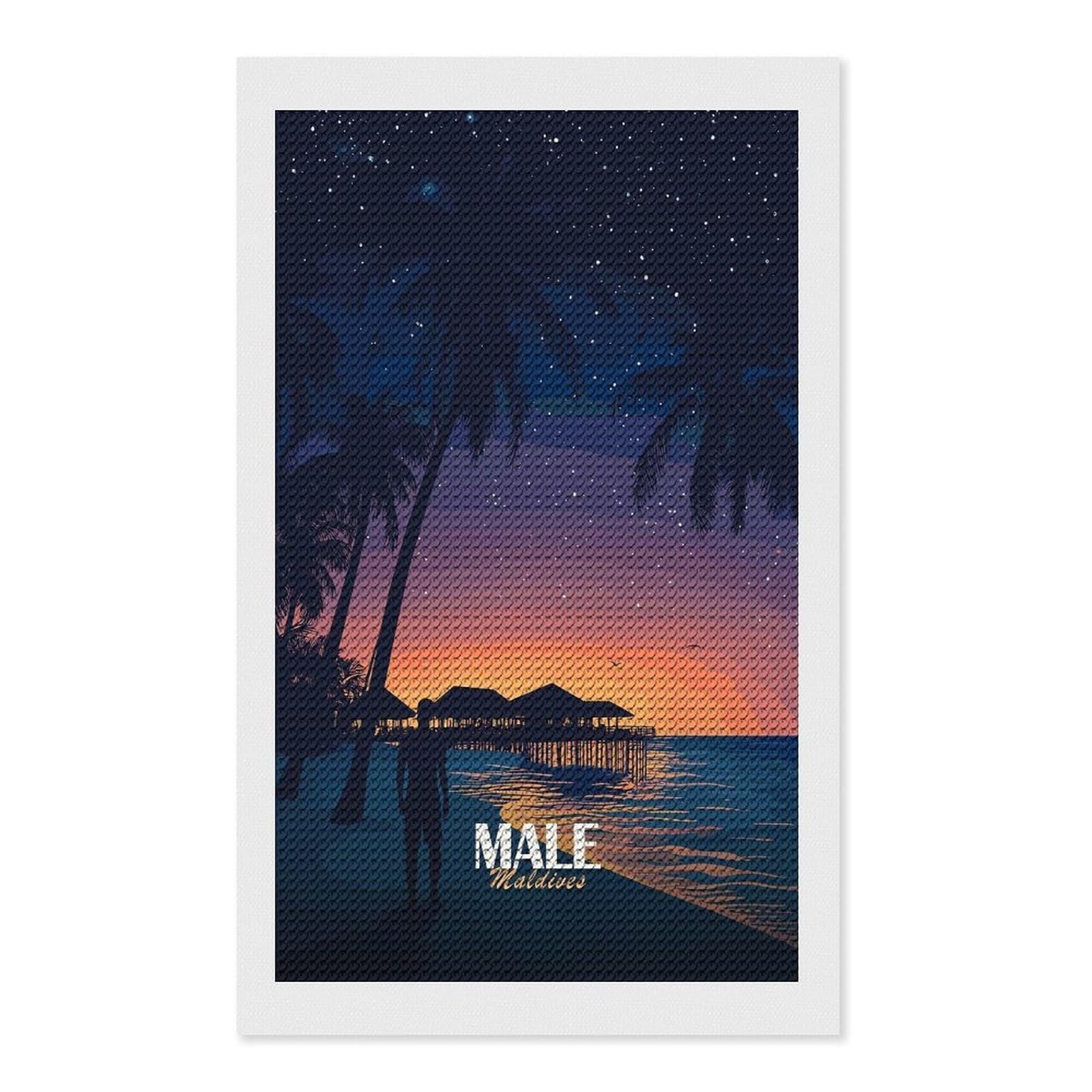 Junmoney Male, Maldives at Night Diamond Painting Canvas Set 12"x20", for Adults, Sparkling Round Gems, Thoughtful Handmade Gift, Modern Decor