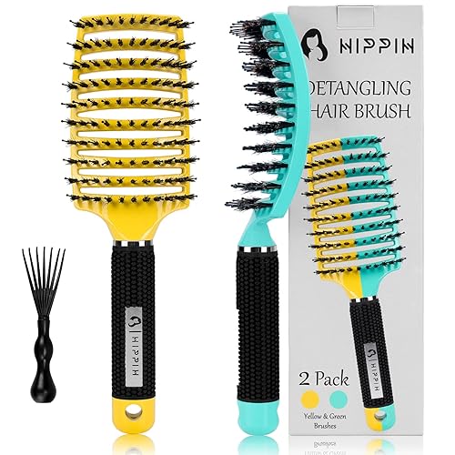 HIPPIH - Cepillo desenredante, 2 unidades, cerdas de jabalí para mujeres, hombres y niños, cabello húmedo o seco, cepillo mágico para cabello largo