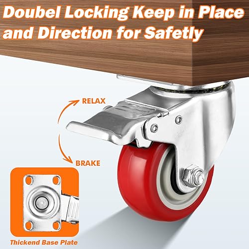 Miniatura 5 de Juego de 4 ruedas giratorias resistentes de 3 pulgadas juego de ruedas giratorias de doble bloqueo con freno ruedas de metal de poliuretano