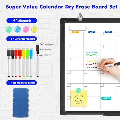 Miniatura 10 de Calendario de borrado en seco para pared, pizarra blanca magnética mensual de 36 x 24 pulgadas, marco de aluminio para colgar en la pared con