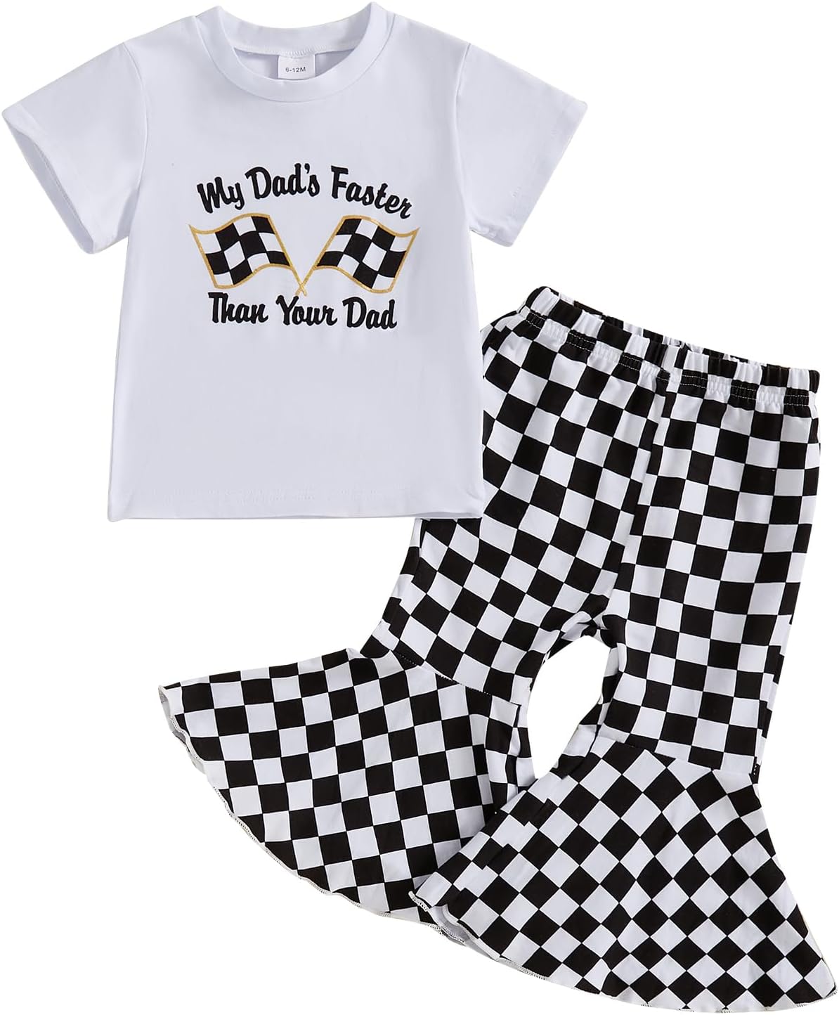 Toddler Baby Girl Summer Clothes Race Car Short Sleeve Letters T-Shirt Checkerboard Flared Pants Set Racing Outfit