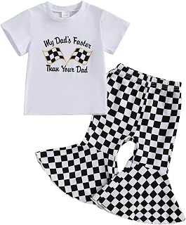 Toddler Baby Girl Summer Clothes Race Car Short Sleeve Letters T-Shirt Checkerboard Flared Pants Set Racing Outfit