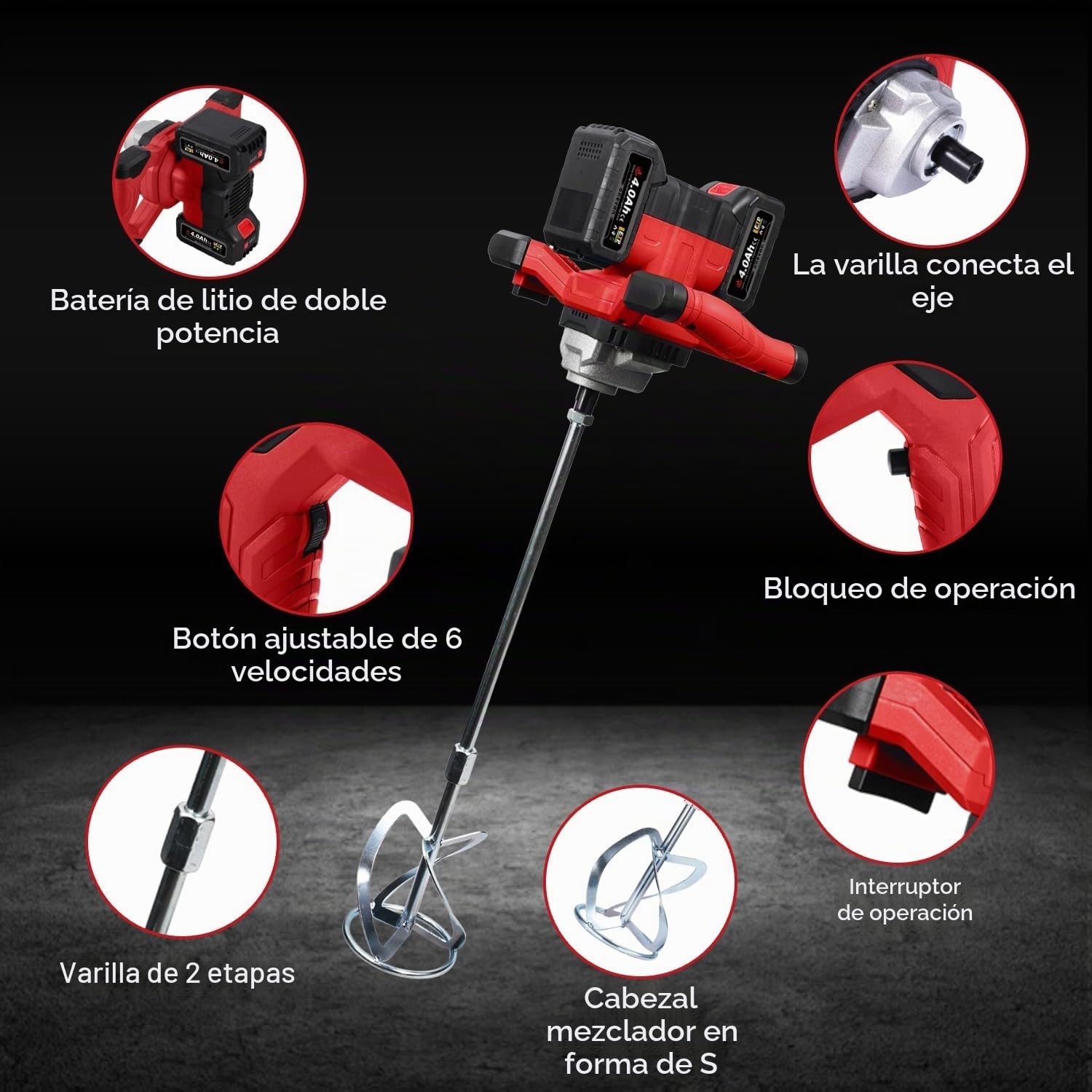 ONEVAN mezcladora de mortero a bateria, 40V batidora mortero hormigoneras electricas con 2 baterías de 4,0Ah, sin escobillas, vibrador de hormigon inalámbrico para pintura, yeso, cemento, mortero