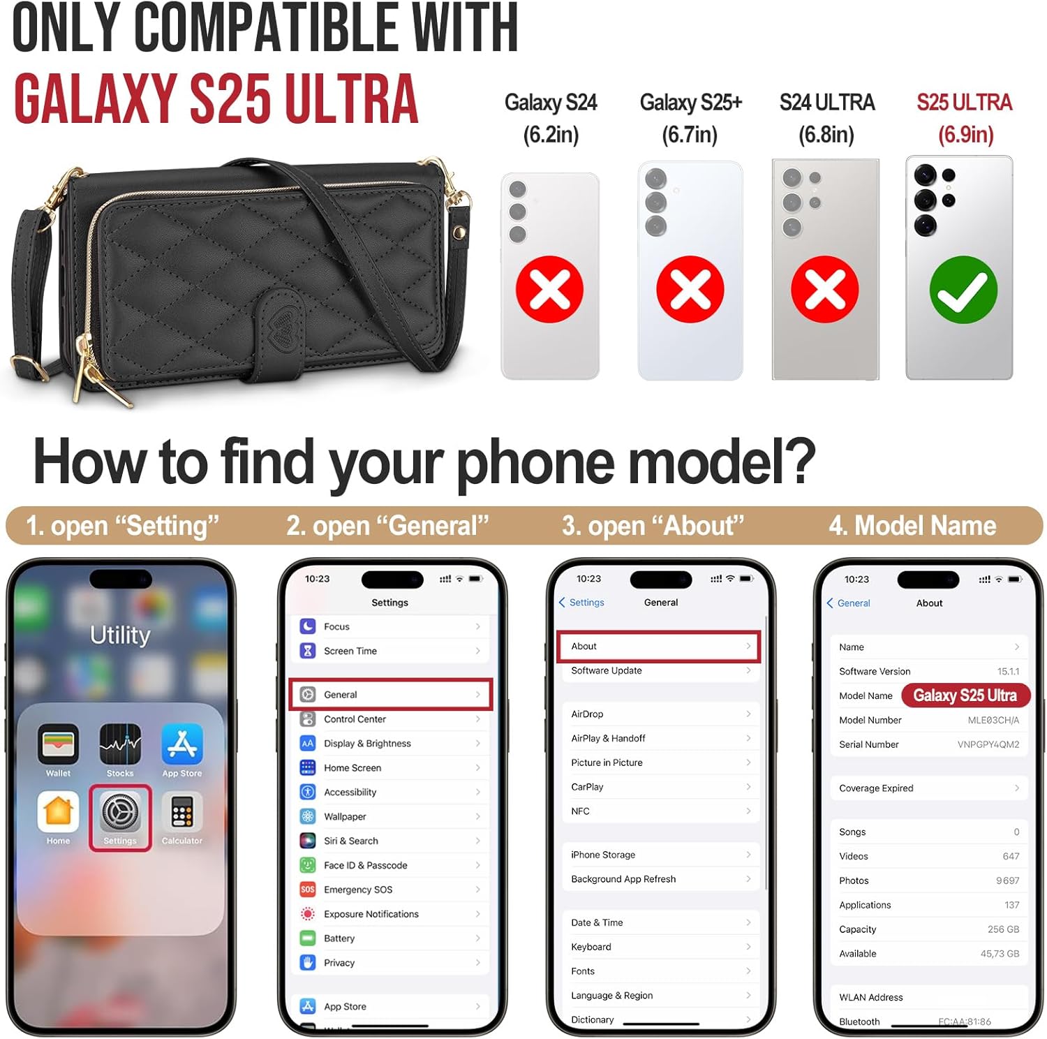 for Samsung Galaxy S25 Ultra Wallet Case with Crossbody and Wrist Strap for Women Girls,Fashion PU Leather RFID Blocking Kickstand Flip Folio Phone Cover with Card Holder and Zipper Black