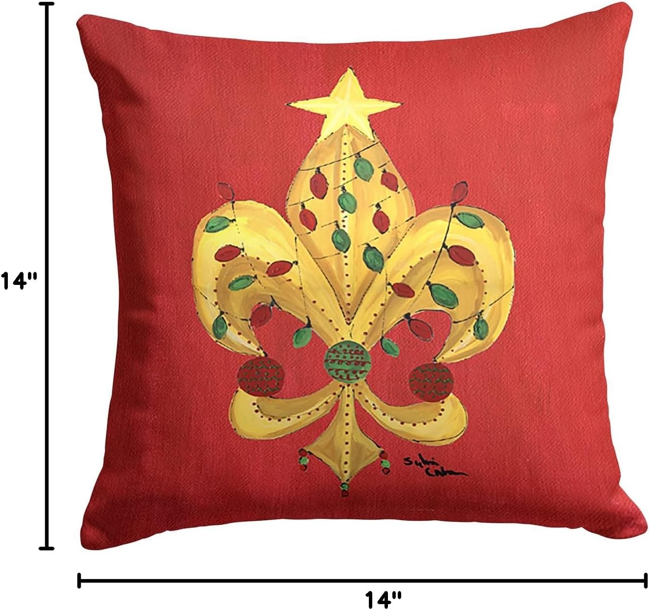 Caroline's Treasures 8185PW1414 Christmas Fleur de lis Tree with Lights Fabric Decorative Pillow Machine Washable, Indoor Outdoor Decorative Pillow for Couch, Bed or Patio, 14Hx14W