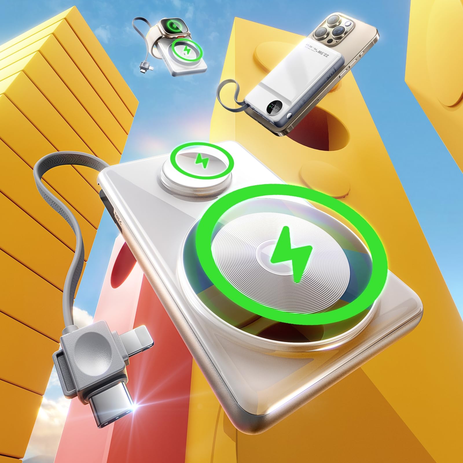 LISEN Power Bank per iPhone Magsafe, Power Bank magnetico wireless da 10000 mAh Cavo internazionale integrato per Power Bank Magsafe Ricarica rapida compatibile con iPhone 16 15 14 13 Watch