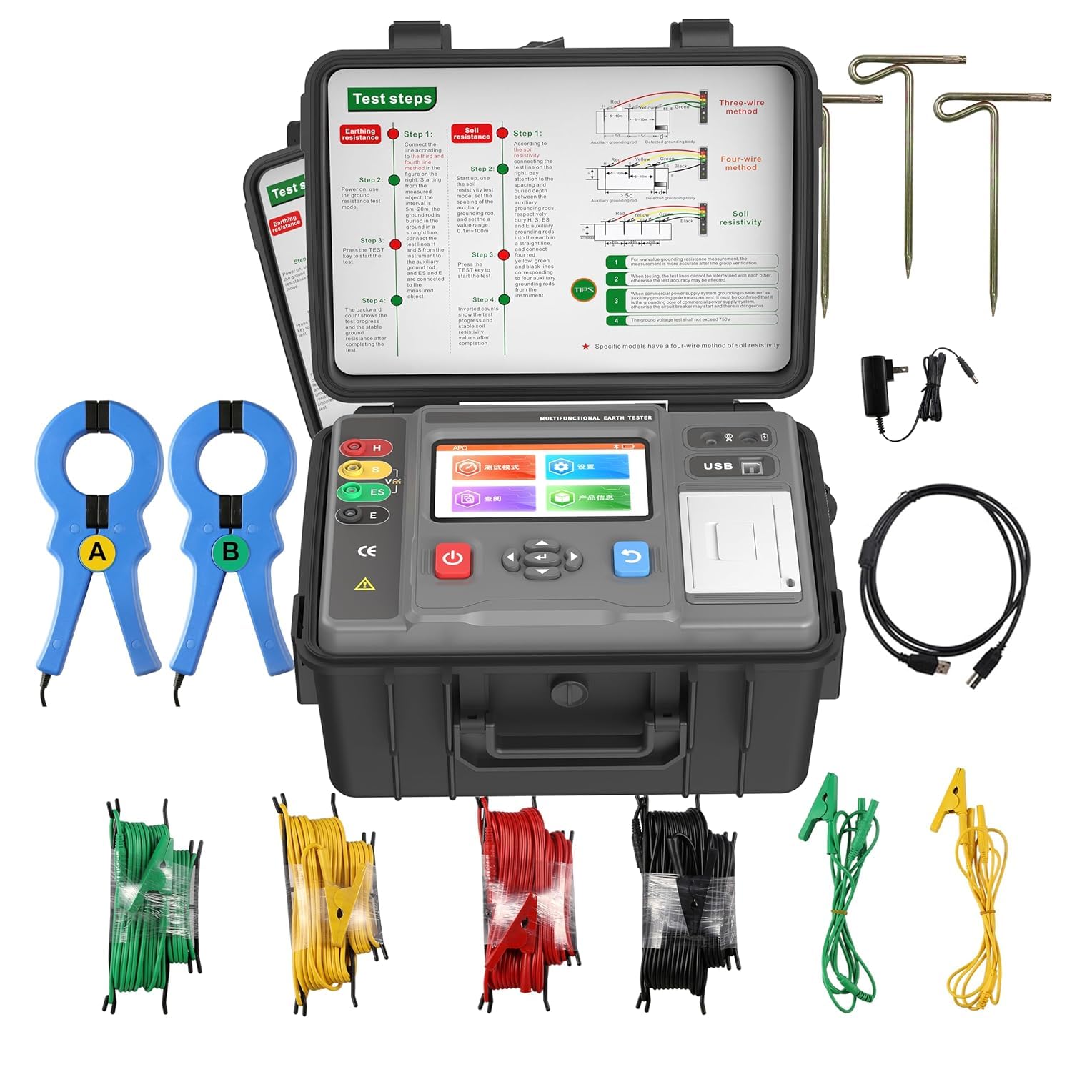 Double Clamp Soil Resistivity Tester 2 3 4‑Wire Earth Ground Resistance Meter with IEC61010-1 30 Kilohms Resistance 100V Voltage 1000A Current 128Hz Frequency 500 Groups Storage USB Interface