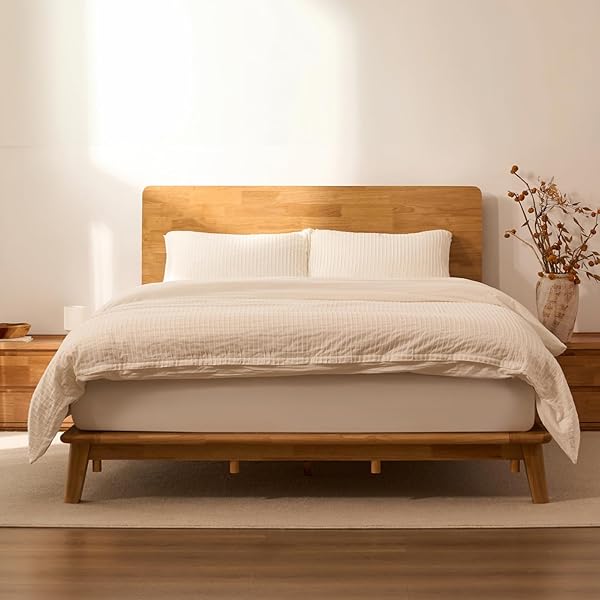 FLEXISPOT Hako Solid Wood Platform Bed Frame Queen,Rubberwood,Tool-Free Fast Assembly,Low Profile Floating,Storage Shelf&Charging Station,Modern Scandinavian Japanese Minimalist,Heavy Duty,Natural Oak