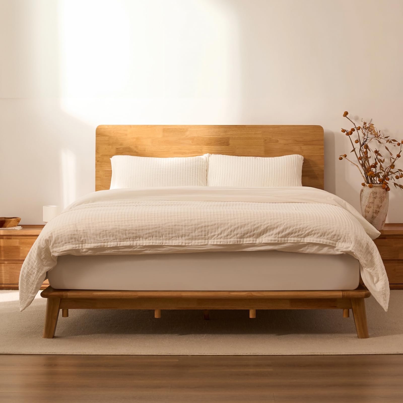 FLEXISPOT Hako Solid Wood Platform Bed Frame Queen,Rubberwood,Tool-Free Fast Assembly,Low Profile Floating,Storage Shelf&Charging Station,Modern