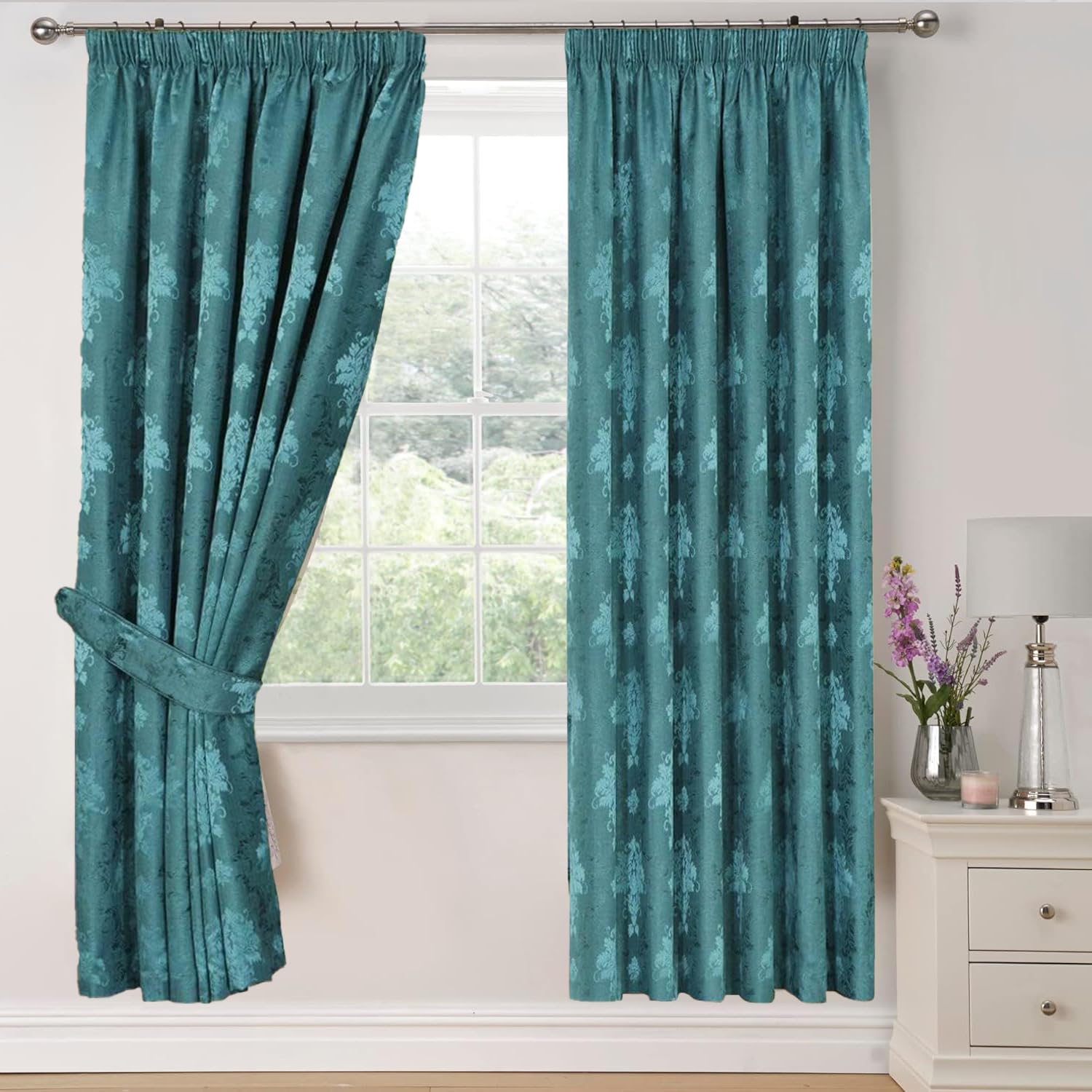 Modern Curtains for Living Room Fully Lined Pencil Pleat Luxury Jacquard Virginia Bedroom Curtains (Teal, 90″ x 108″ (228 x 274cm))