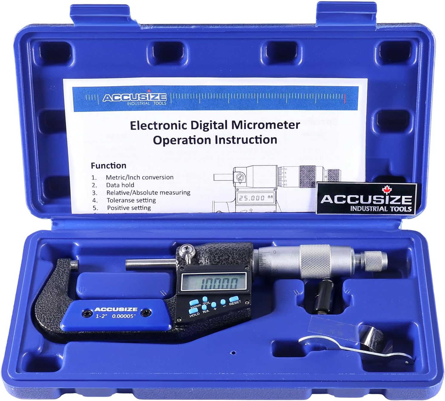 Accusize Industrial Tools 1-2''/25-50 mm by 0.00005''/0.001 mm 7-Key Electronic Digital Micrometer, Water Proof, Ac21-2022