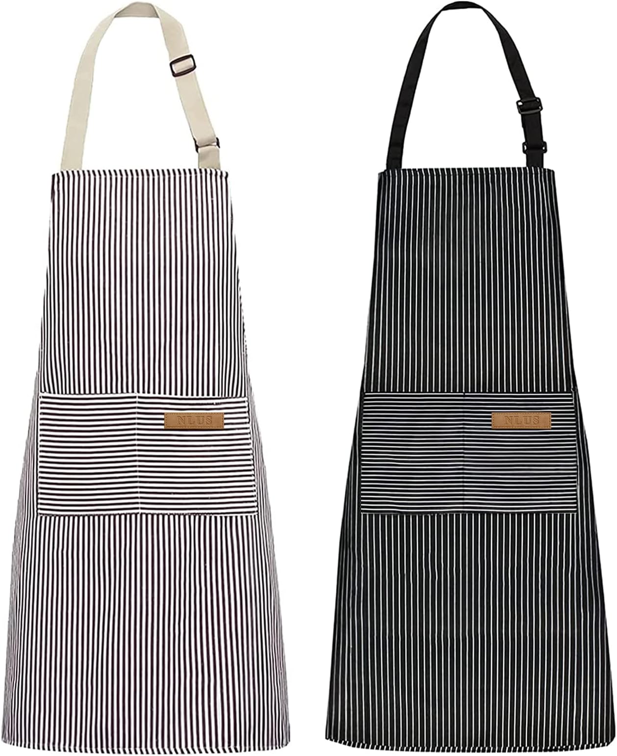 NLUS 2 Pack Kitchen Cooking Aprons, Adjustable Bib Soft Chef Apron with 2 Pockets for Men Women (Brown/Dark Black Strips)
