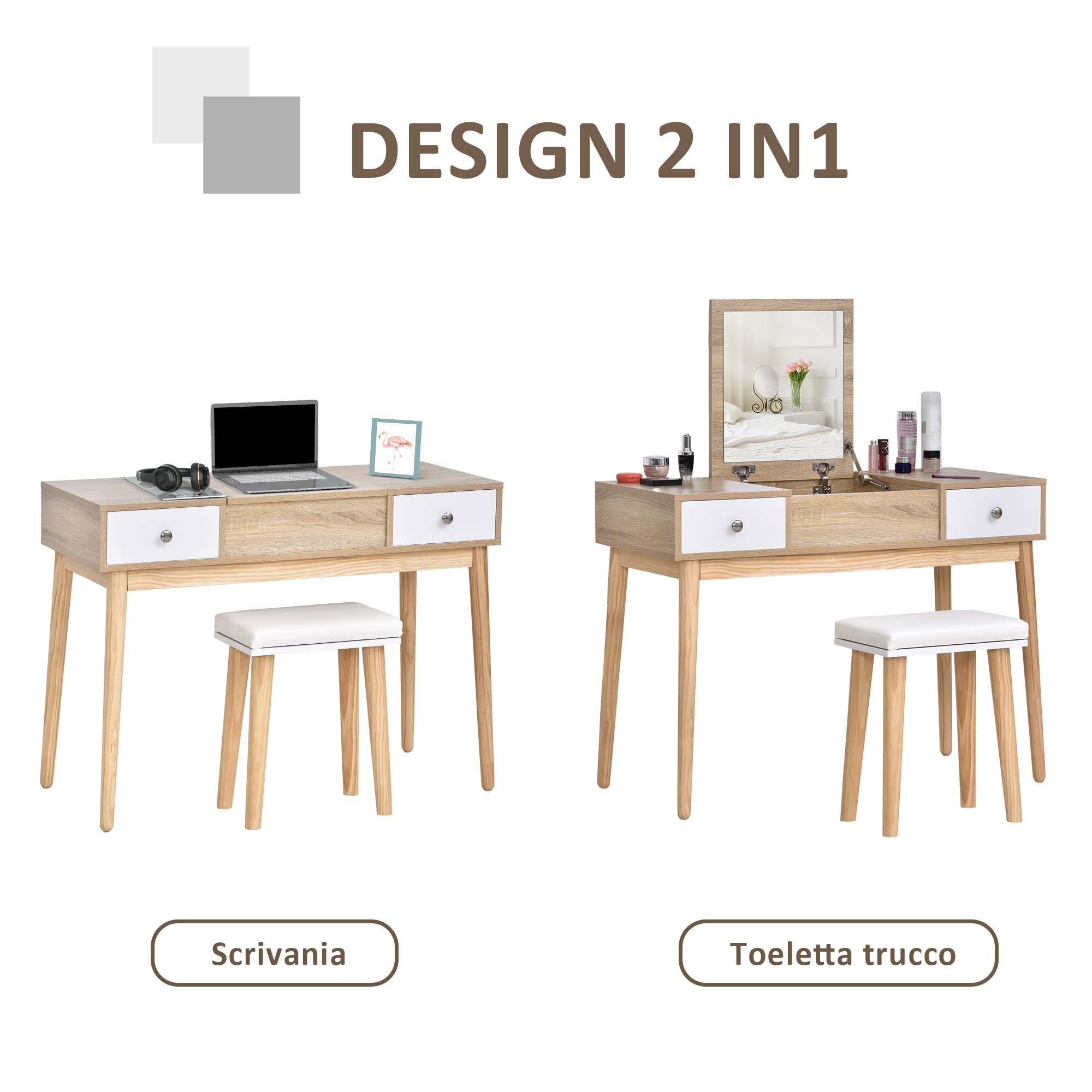 HOMCOM Postazione Trucco Moderno con Specchio Estraibile Color Legno | Toeletta Trucco, Organizer Gioielli, 2 Cassetti, Sgabello