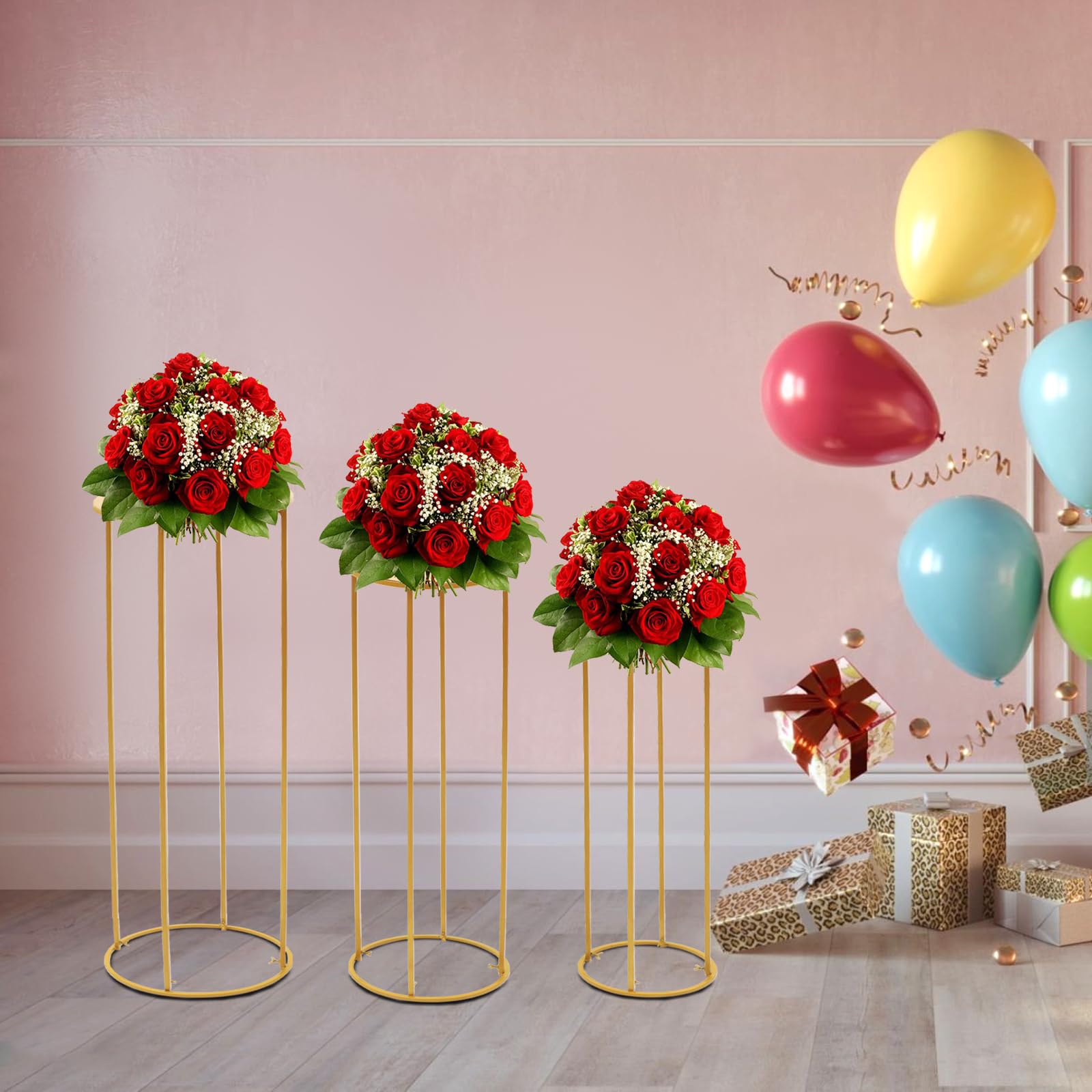 Kolumna na kwiaty, złota, 3 sztuki, nowoczesne stojaki na kwiaty, wazon z płytą akrylową, 60 cm/80 cm/100 cm, nakładki na stół weselny, na wesele, imprezę, do dekoracji domu