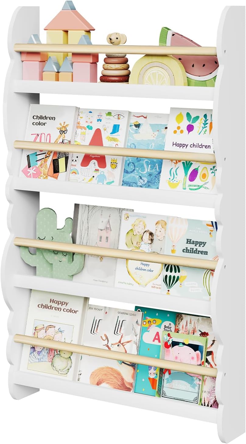 WOLTU Children’s Bookcase Wall, Book Organiser with 4 Shelves, Children’s Shelf for Book Storage, Wall Shelf, Children’s Room Made of Pine Wood, E1 MDF, for Playroom, White