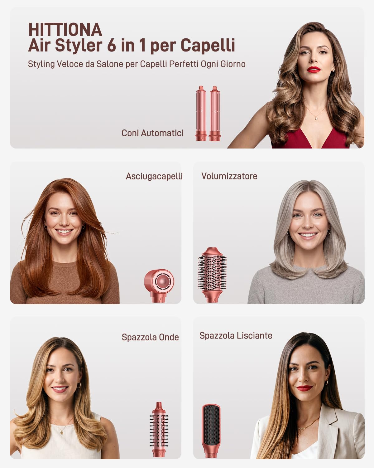 HITTIONA Air Styler 6 in 1 con Borsa Portaoggetti, Spazzola Asciugacapelli Multifunzione, Arricciacapelli Automatico con Effetto Coanda, per Asciugare, Lisciare e Volumizzare, Idea Regalo Donna