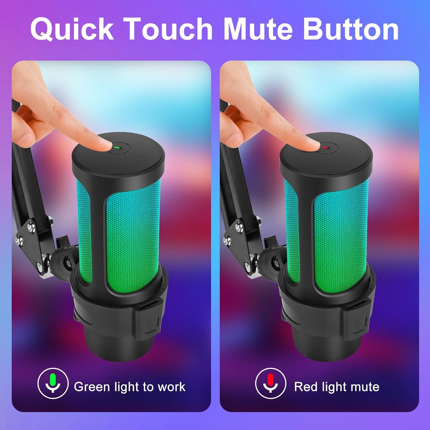 Two images showing the microphone's mute button: one with a green light indicating 'work' and another with a red light indicating 'mute'.