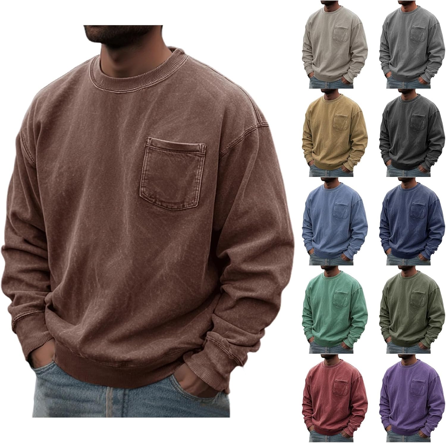 Wankang Mens Washed Distressed Pullover Retro Crew Neck Sweatshirt Casual Long Sleeve T-Shirt Loose Fit Pullover Sweatshirts - Image 3