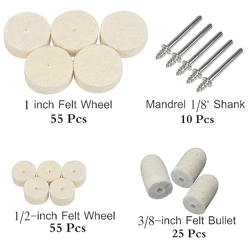Miniatura 5 de Rueda de pulido de fieltro, 145 piezas, almohadilla de pulido de fieltro de lana, accesorios profesionales, punto y mandril Kit de vástago de 1/8
