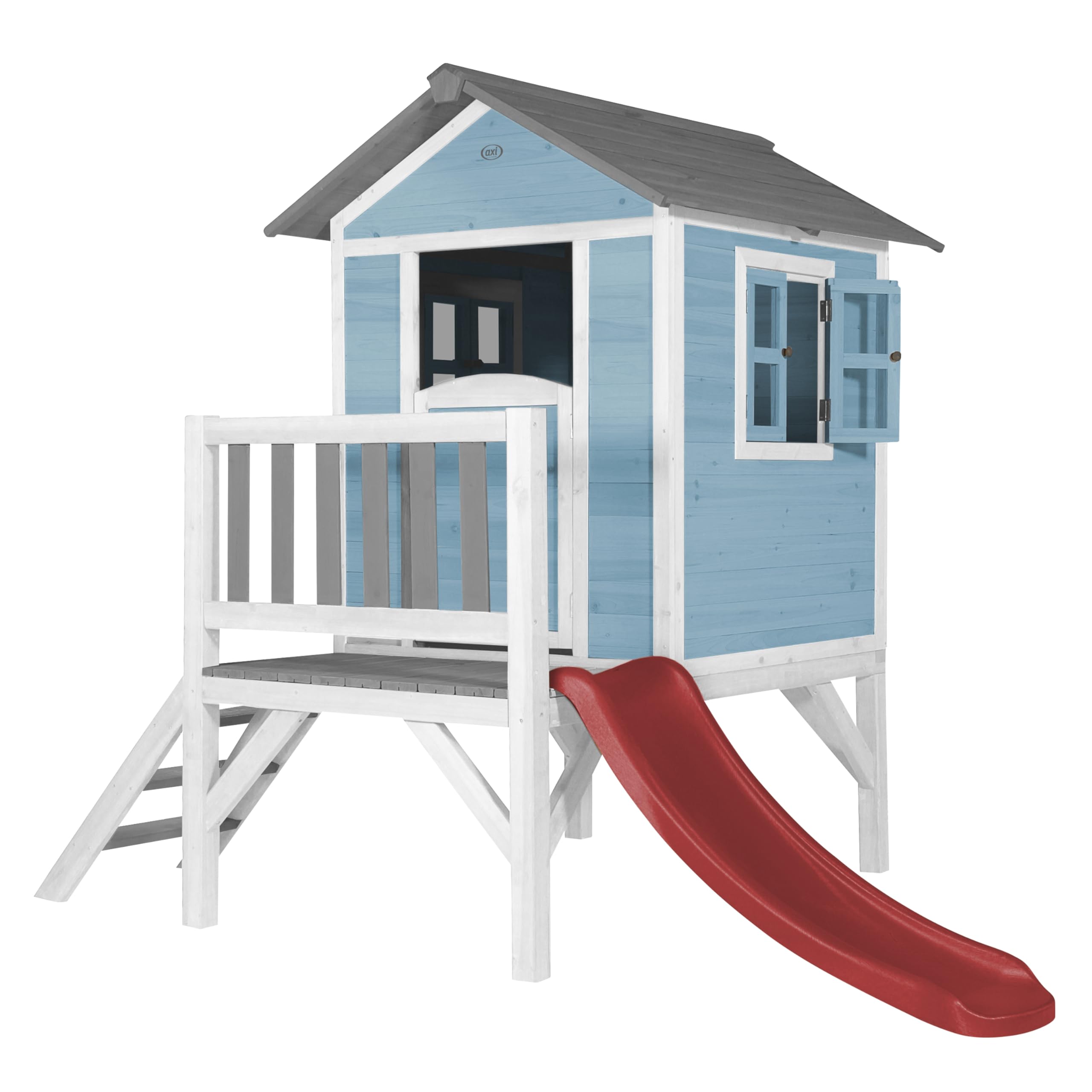 AXI Beach Lodge XL Playhouse with blue walls, white trim, grey roof, and red slide