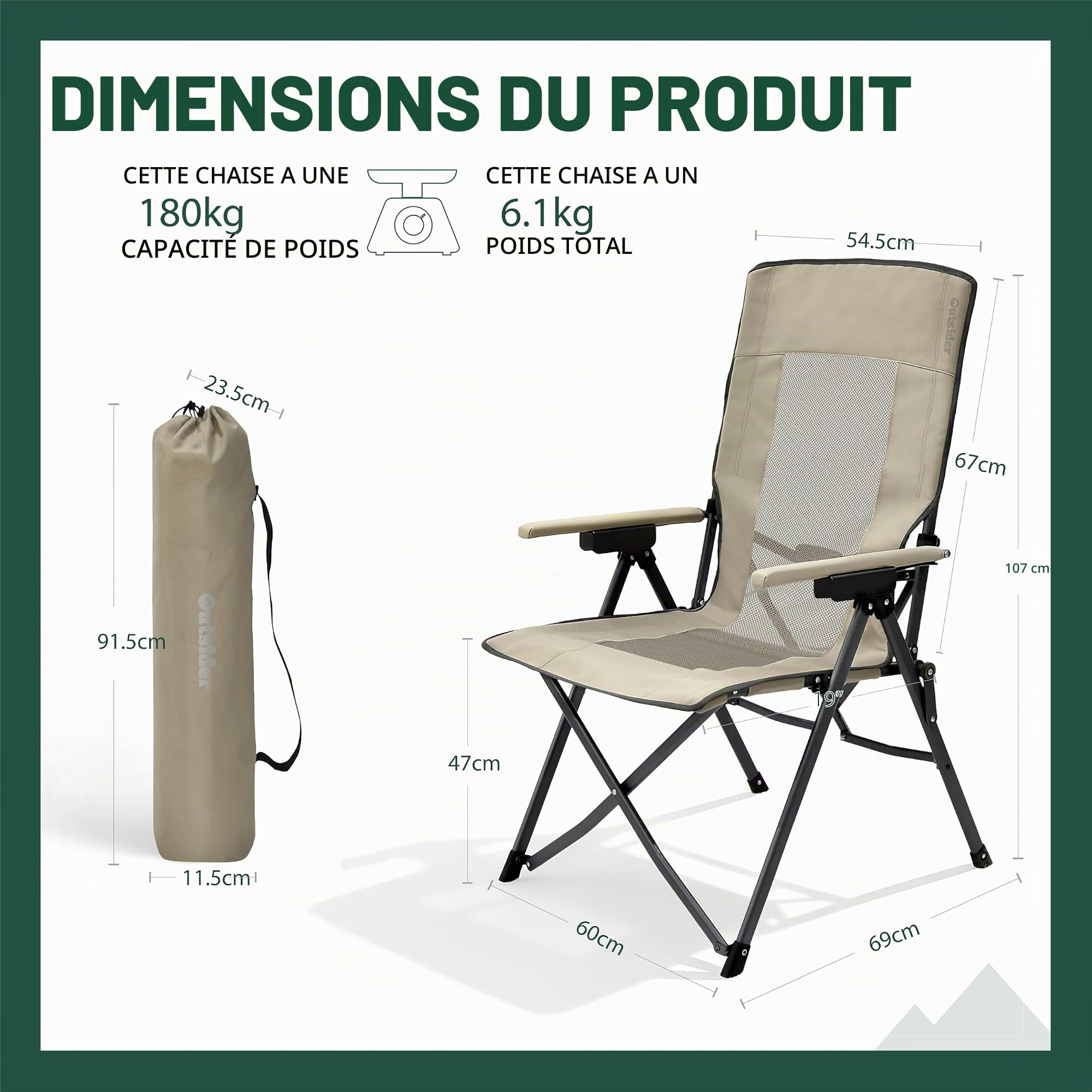 OUTSIDER Fauteuil Pliable – Dossier 3 Pos, 150 kg | Mesh aéré, Oxford 600D, housse incluse. Dossier 3 pos réglable. 150 kg. Pour camping, pêche, jardin, balcon. Garantie 1 an.