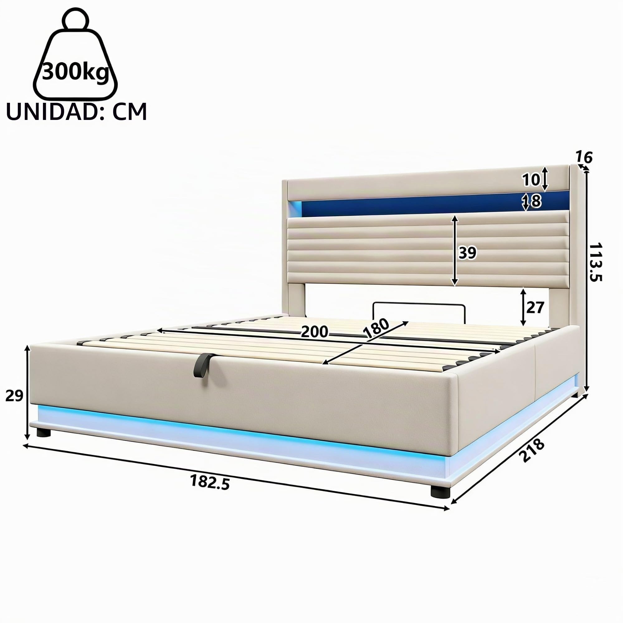 Cama 180x200 cm Camas Matrimoniales con Carga USB y LED, Cama Tapizada Matrimonio con Cabecero de Almacenamiento y Almacenaje Hidráulico, Camas Doble, Lamas Madera, Lino, Sin Colchón, Beige