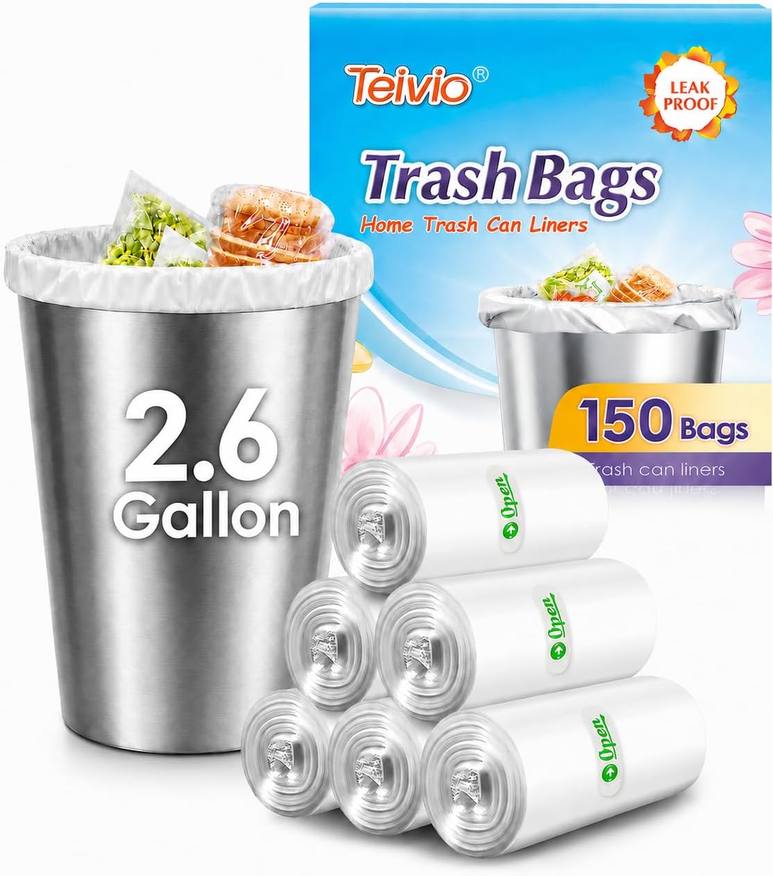 2.6 Gallon 150 Counts Small Trash Bags Garbage Bags by Teivio, Bathroom Trash Can Bin Liners, Small Plastic Bags for home office kitchen, Clear
