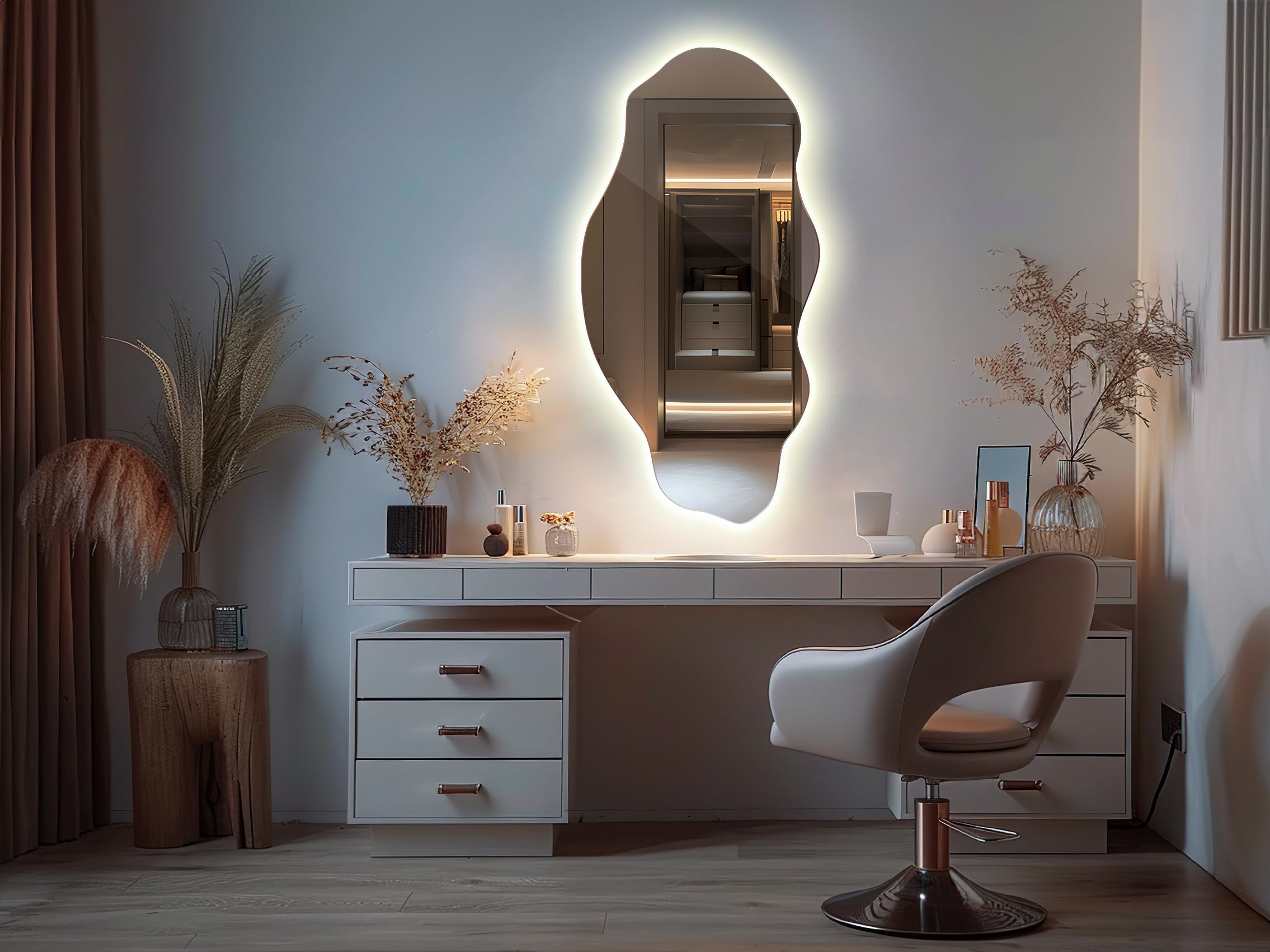 Tulup Specchio LED 50x100 cm Grande Moderno Irregolare Organico Asimmetrico Macchia per Bagno Soggiorno Verticale con illuminazione Luce neutra